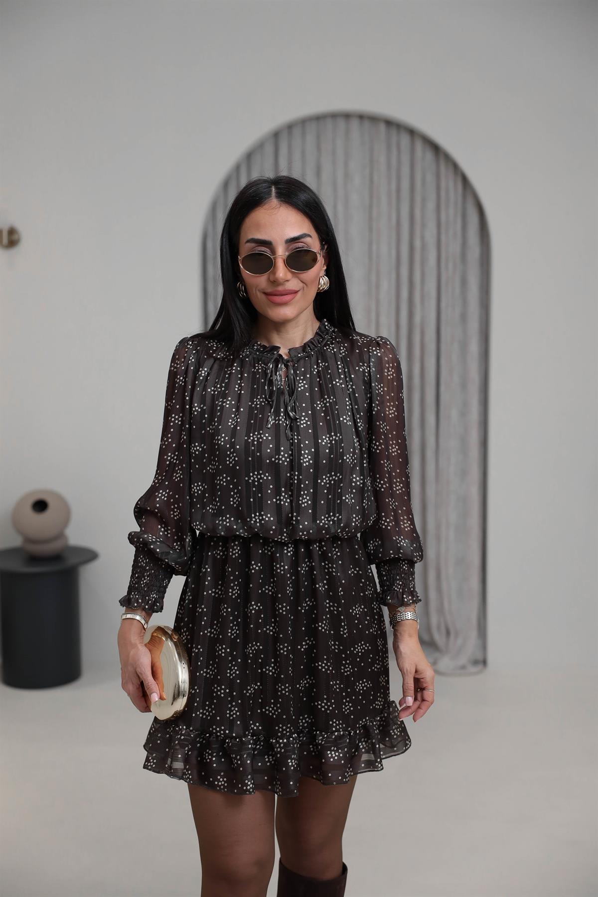 9273 Puantiyeli Yaka Detaylı Elbise KOYU KAHVE