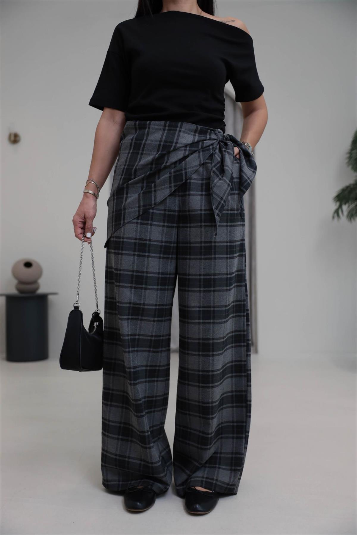 1508 Arka Bel Lastikli Bağlama Detaylı Ekose Pantolon ANTRASİT