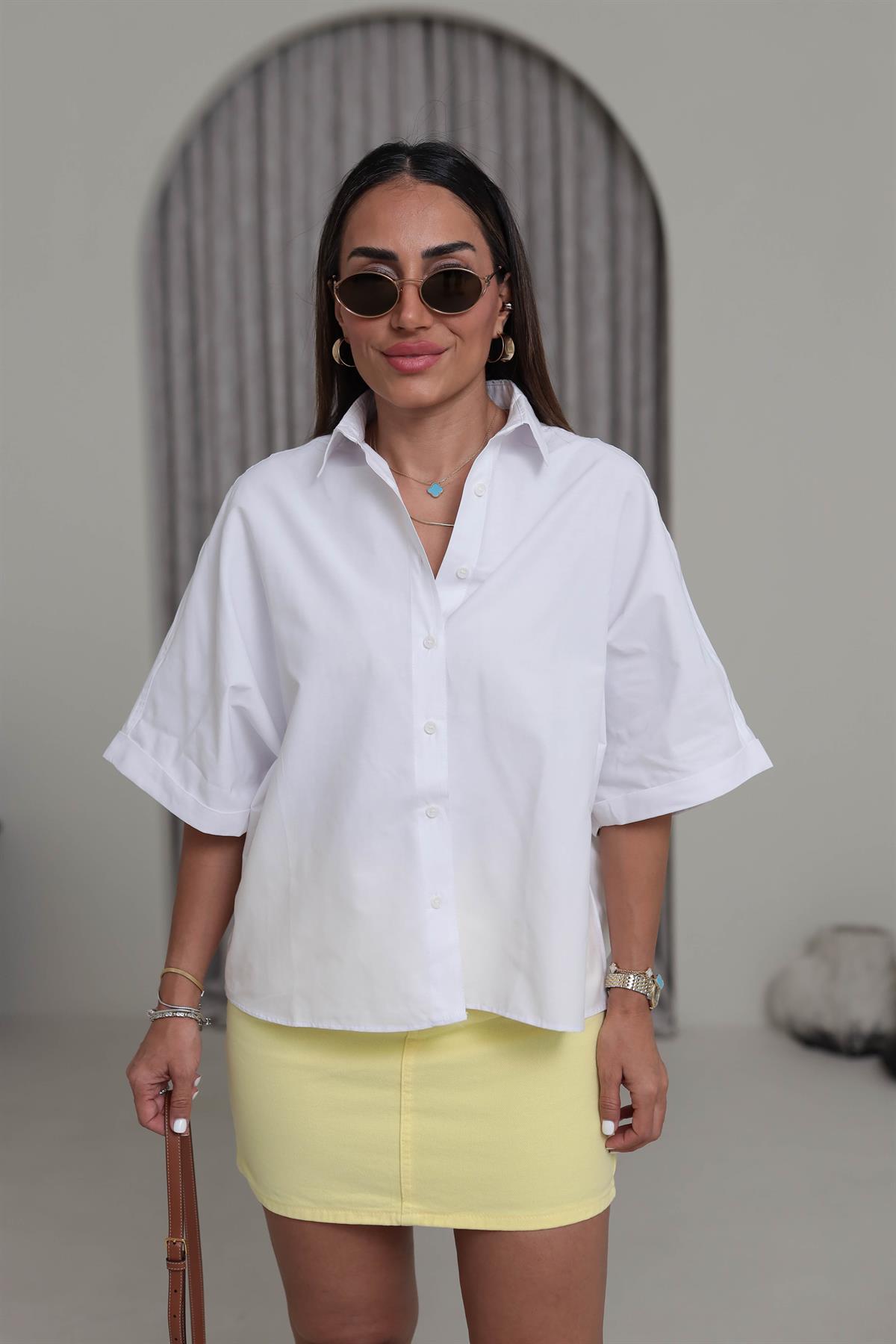 1754 Kısa Kol Oversize Poplin Gömlek BEYAZ