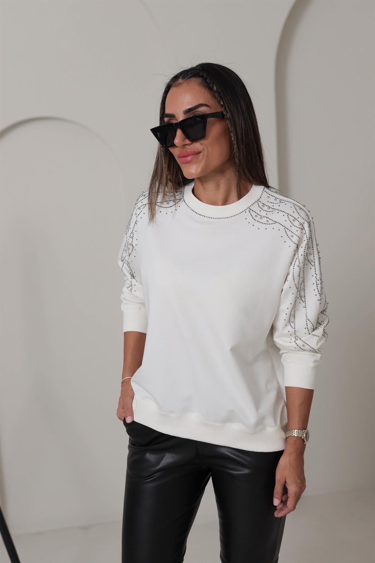 5305 Kolları Taş İşlemeli Sweatshirt