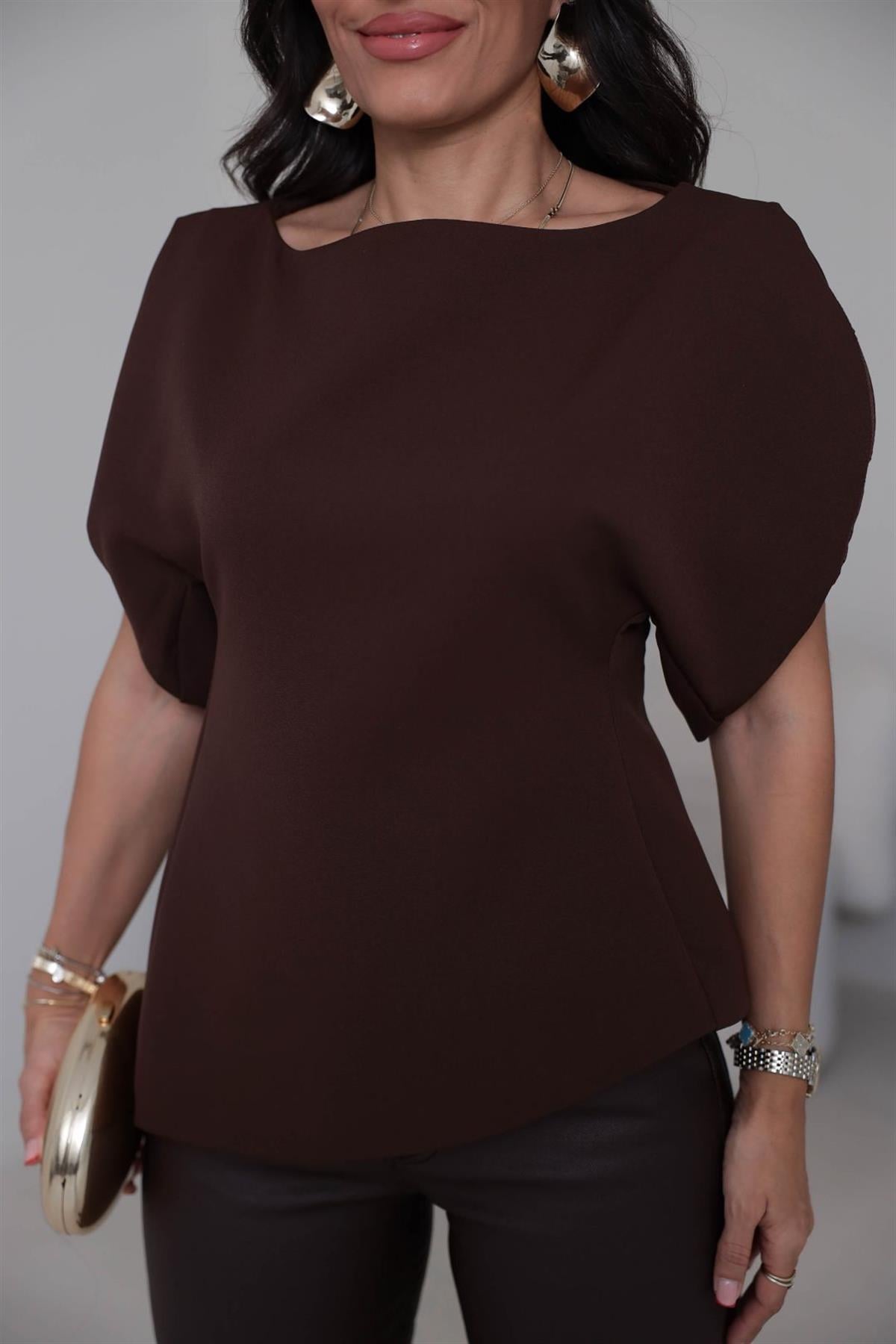 Balon Kol Asimetrik Bluz KAHVE