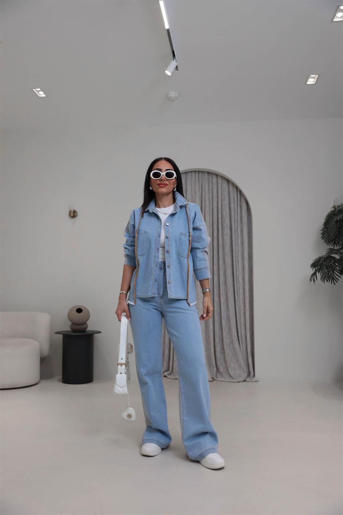 0642 Önü Biye ve Arma Detaylı Kot Garnili Takım AÇIK MAVİ