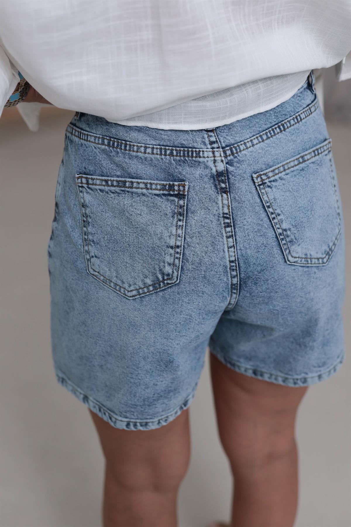 3529 Yüksek Bel Düz Kesim Denim Şort MAVİ