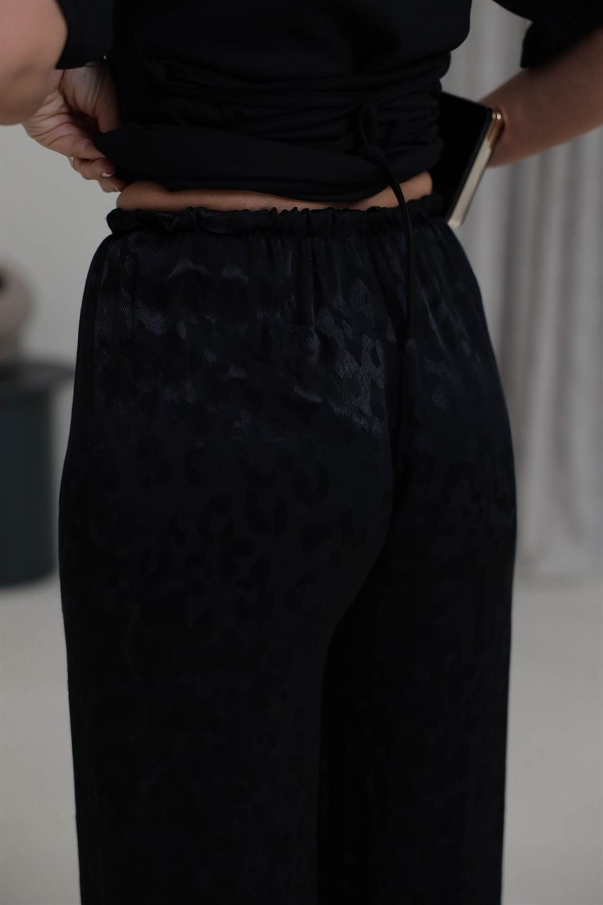 1635Y Leopar Desen Jakarlı Saten Pantolon SİYAH