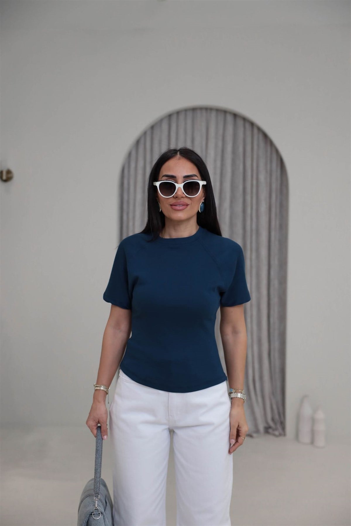 2322 Reglan Kol Yandan Fermuarlı Pamuklu Tshirt Indigo