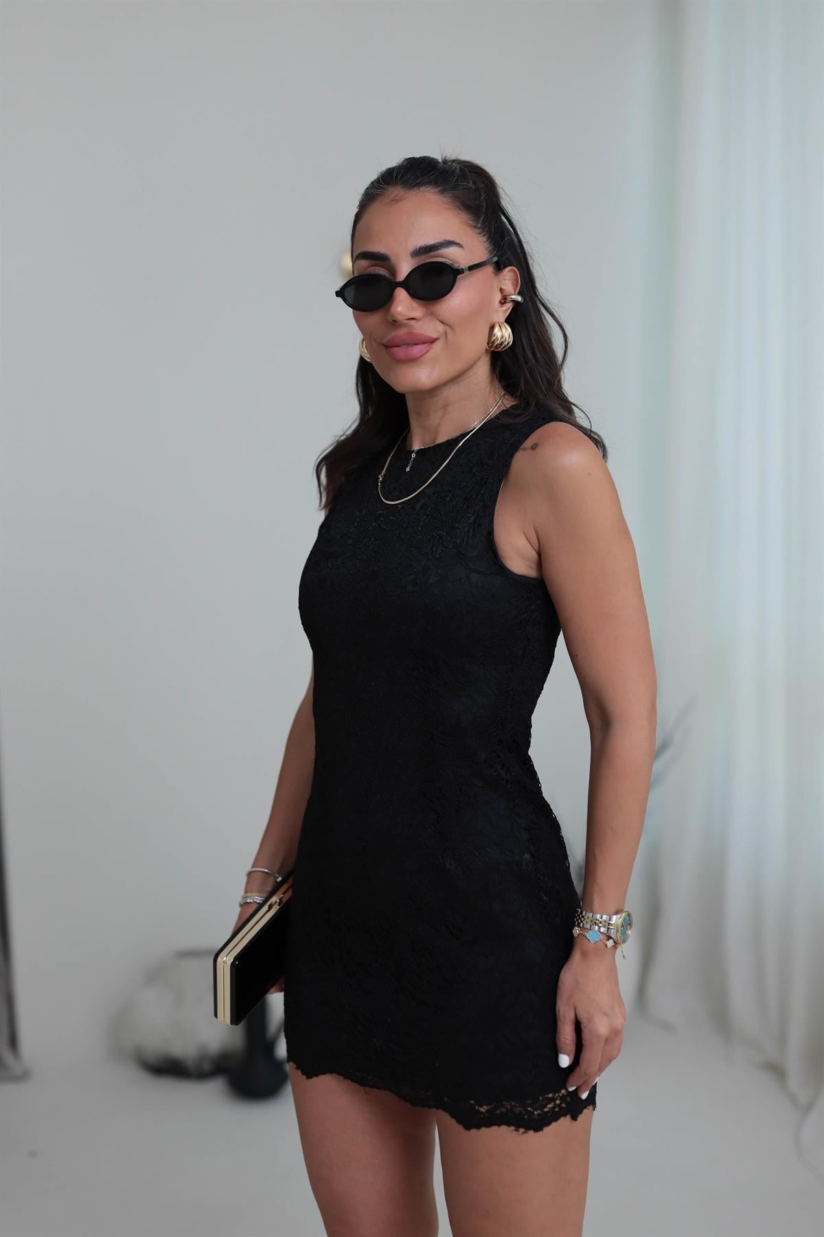 3100 Dantel İşlemeli Astarlı Elbise SİYAH