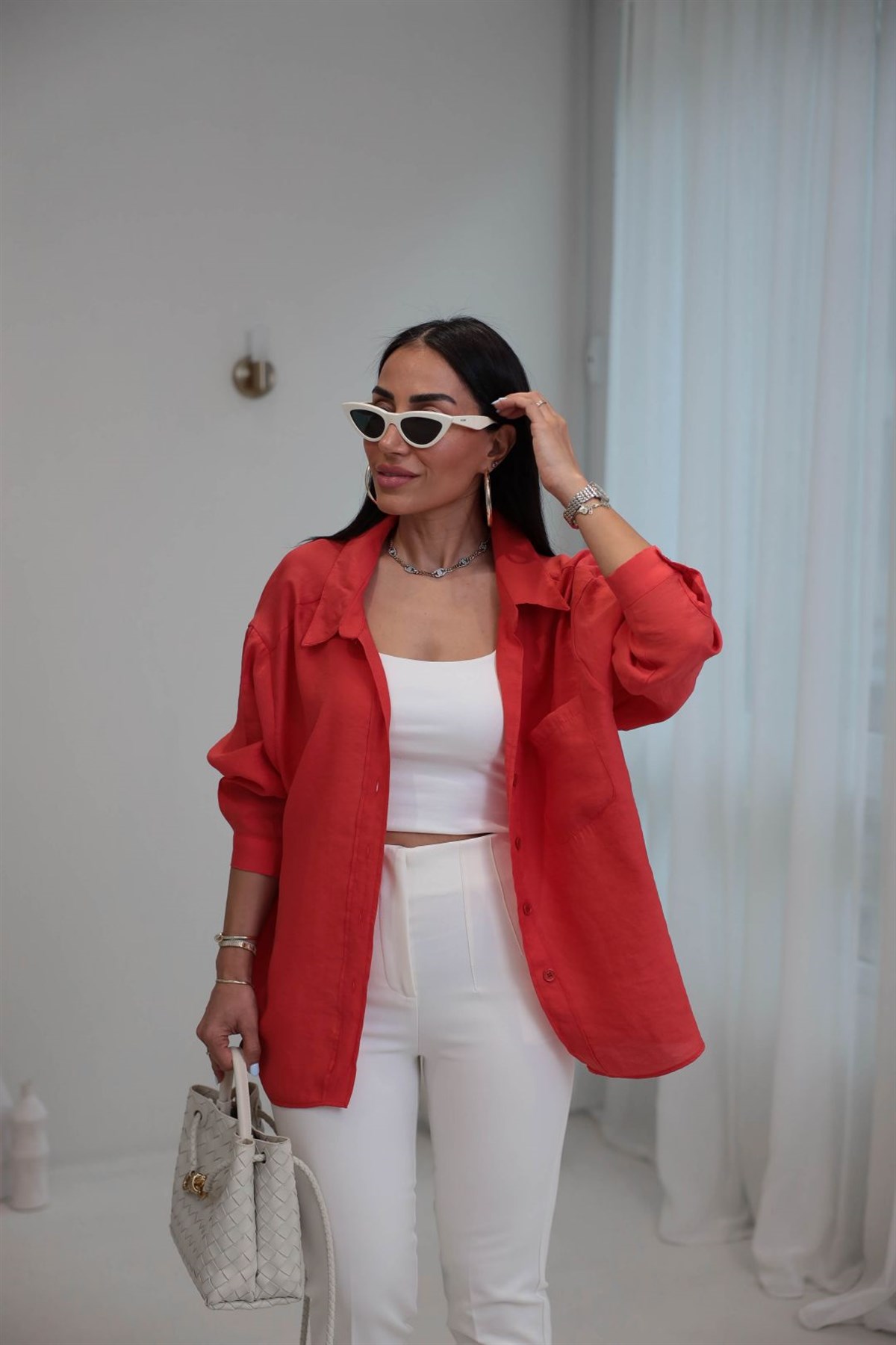 4612Y Tencel Omzu Düşük Oversize Gömlek KIRMIZI