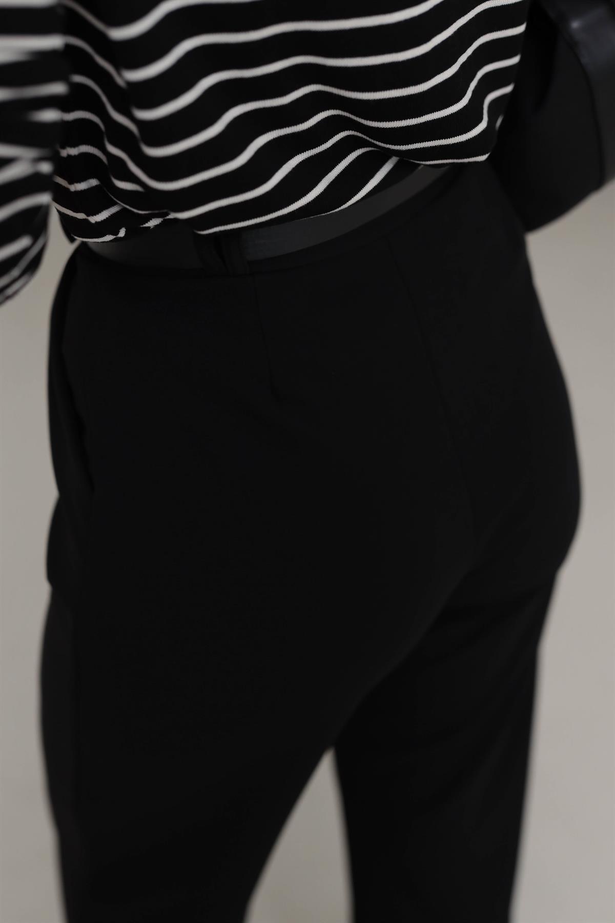 3851 Çift Pile Detaylı Kemerli Palazzo Pantolon SİYAH