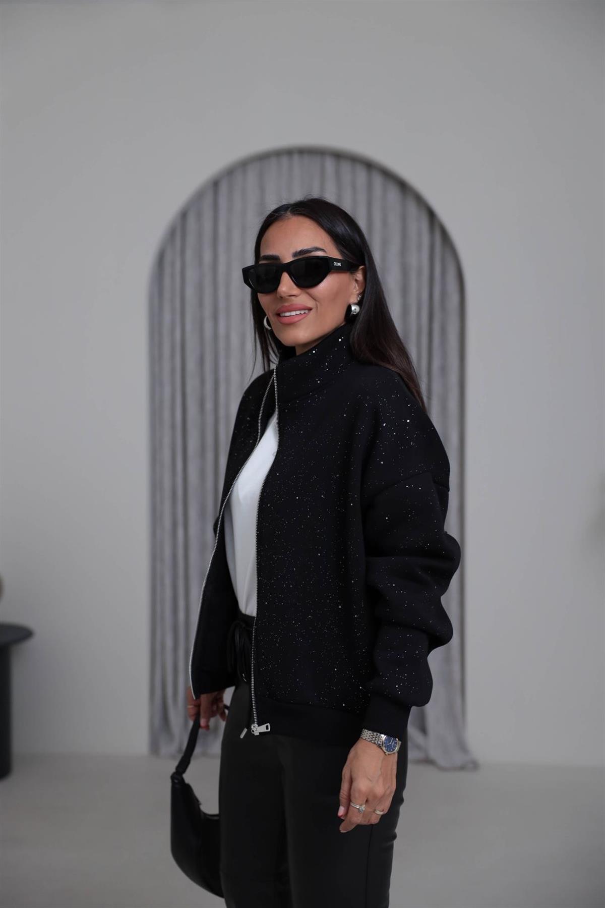 4222 Dik Yaka Önden Fermuarlı Simli Sweatshirt SİYAH