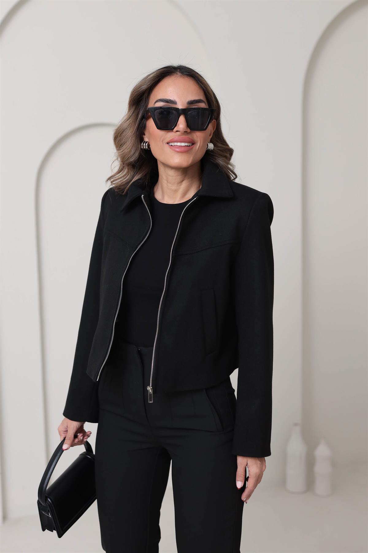 0169 Fermuarlı Za Model Kaşe Ceket SİYAH