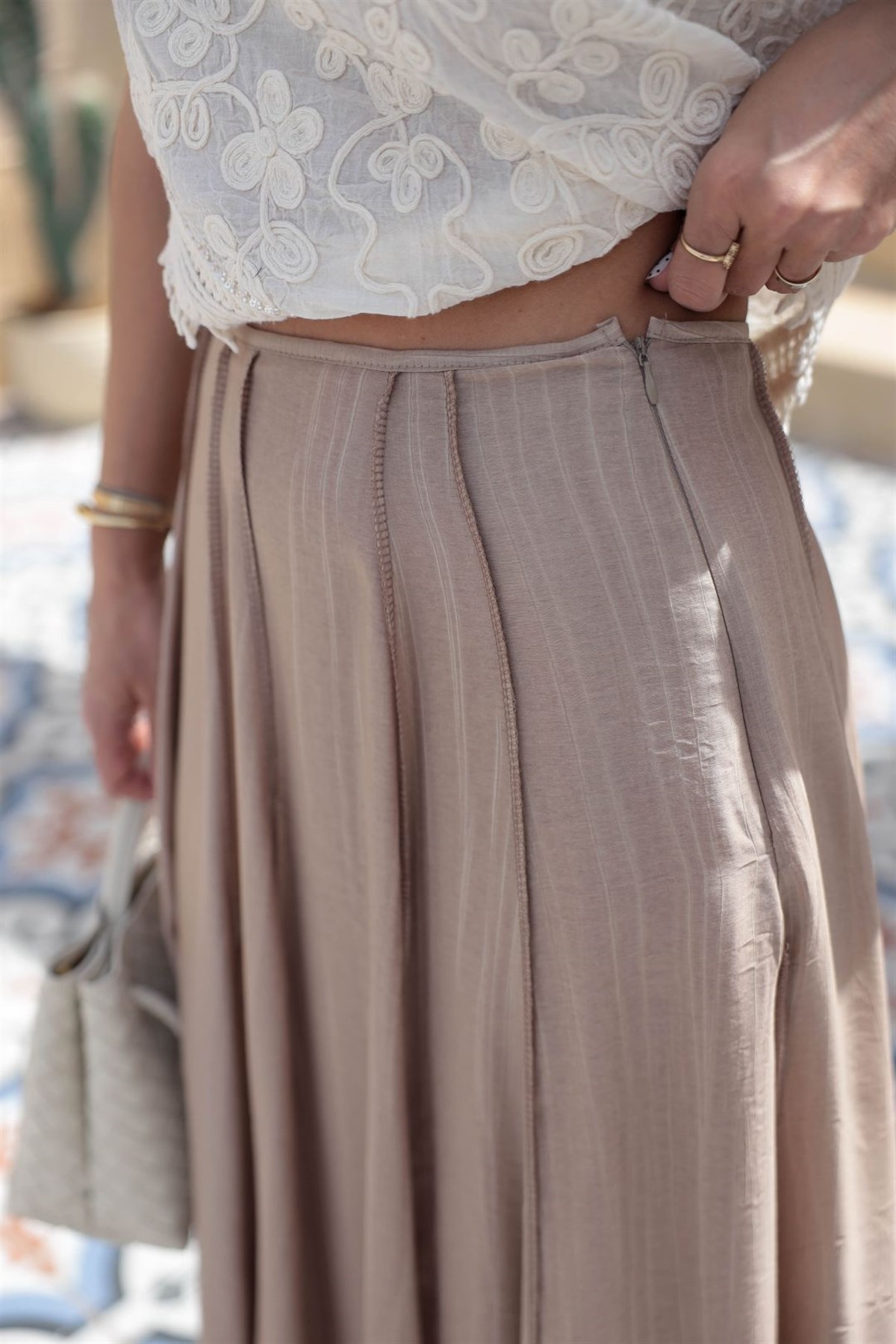 0963 Dikiş Detaylı Astarlı Etek VİZON