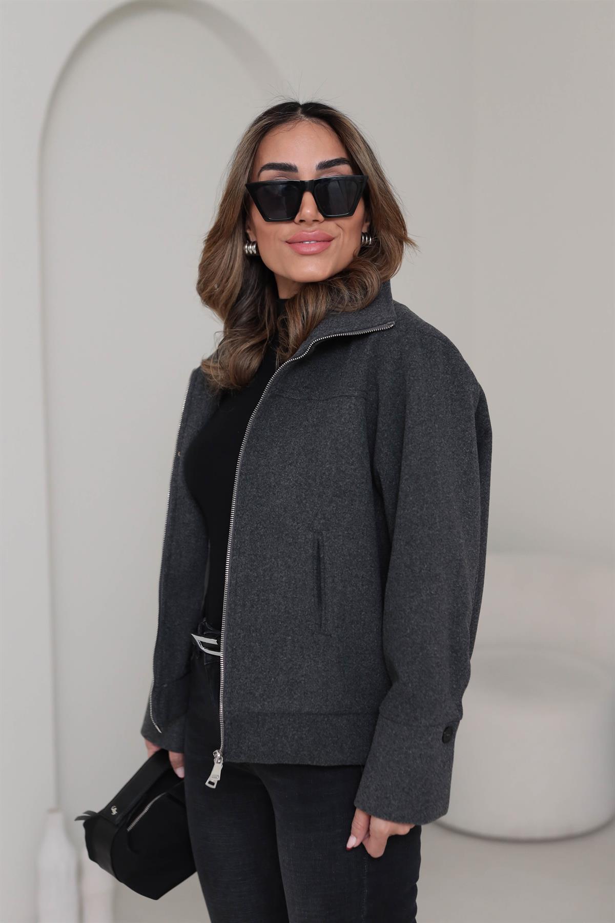 9567 Fermuarlı Kaşe Mont ANTRASİT