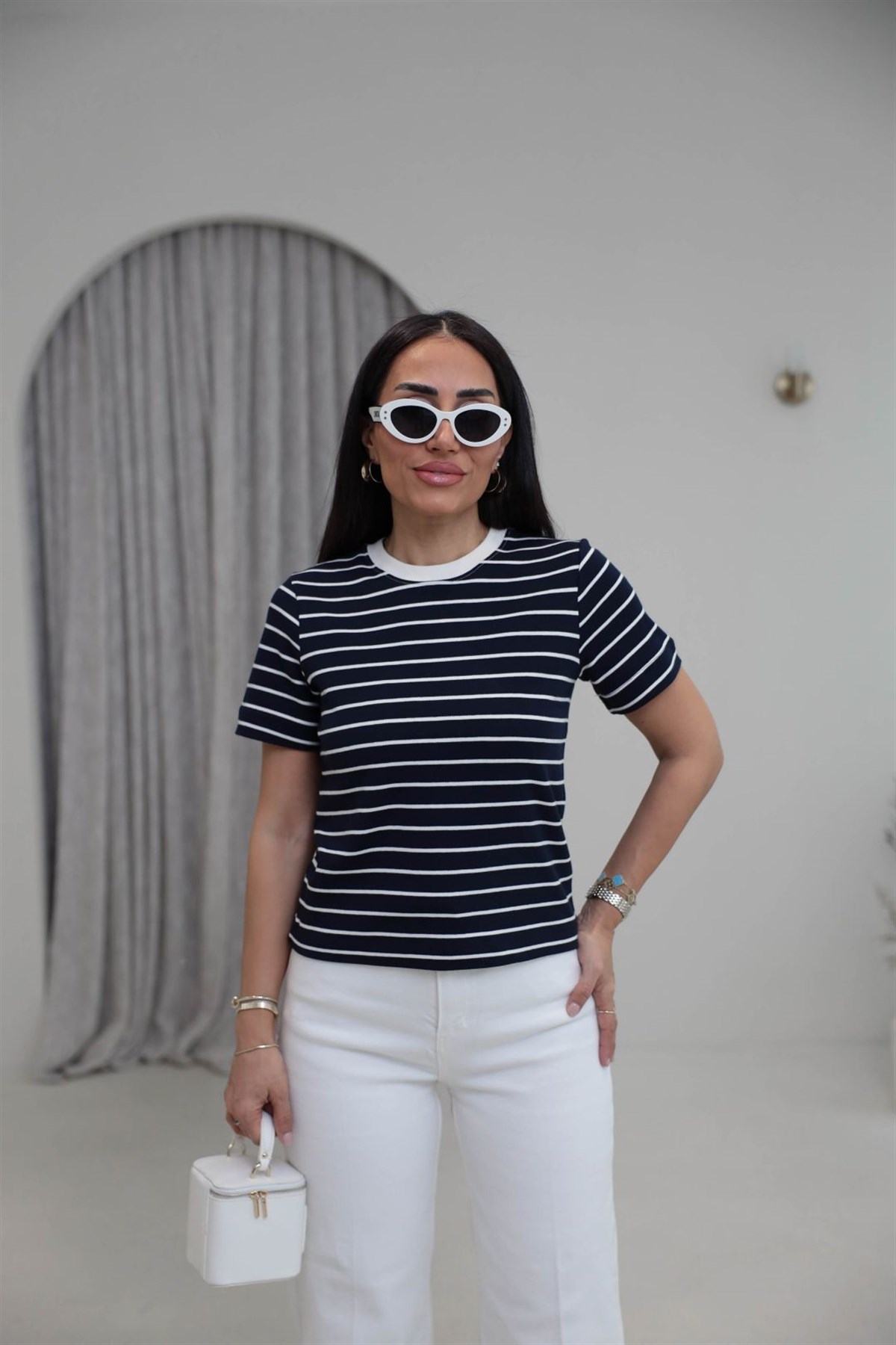 6711 Çizgili Pamuklu Tshirt LACİ-BEYAZ