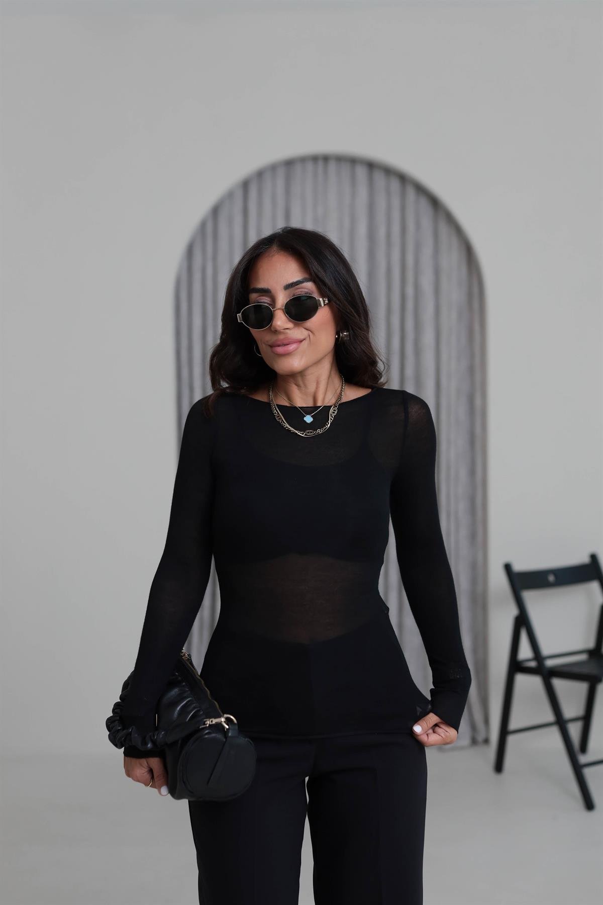 6641 Geniş Yaka Yumuşak Dokulu Bluz SİYAH