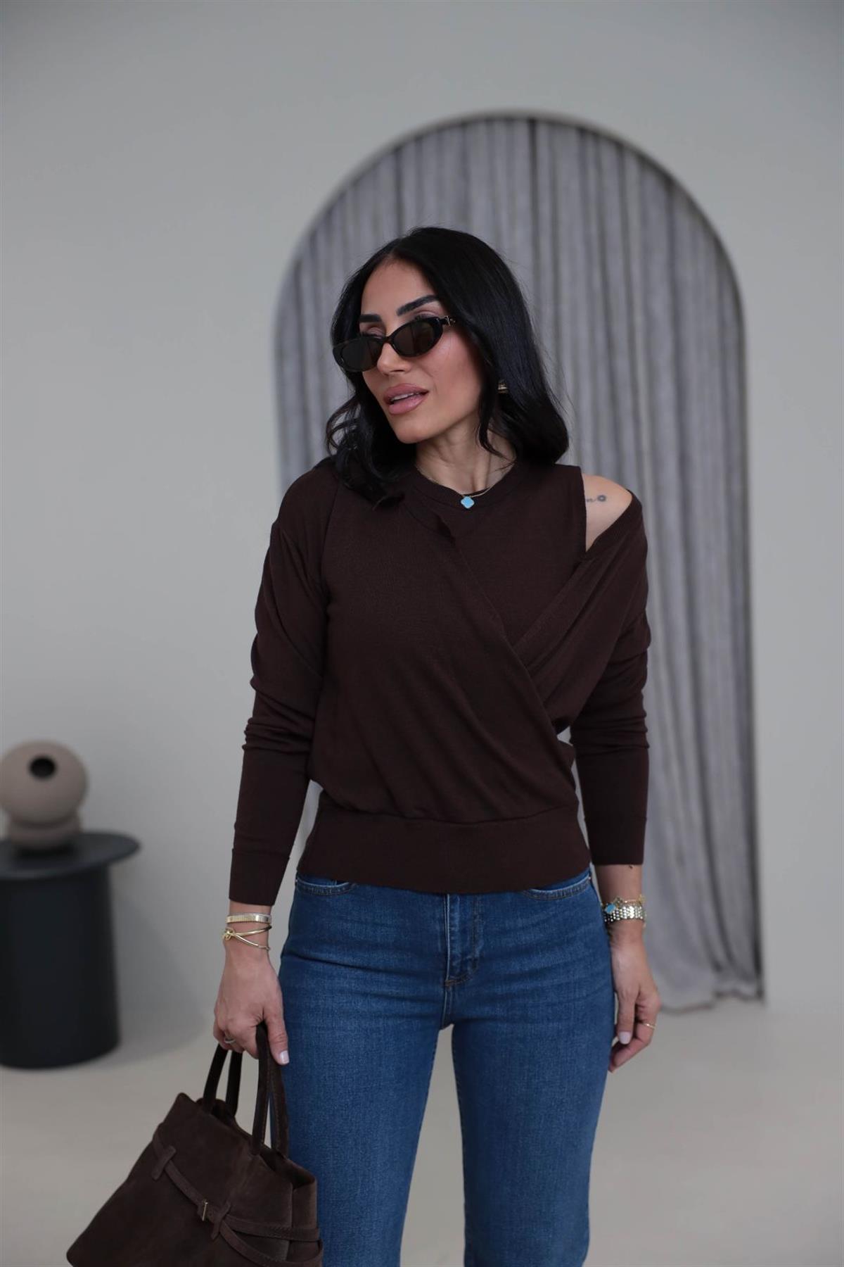 0163 Kruvaze Korsman İkili Takım Triko KAHVE