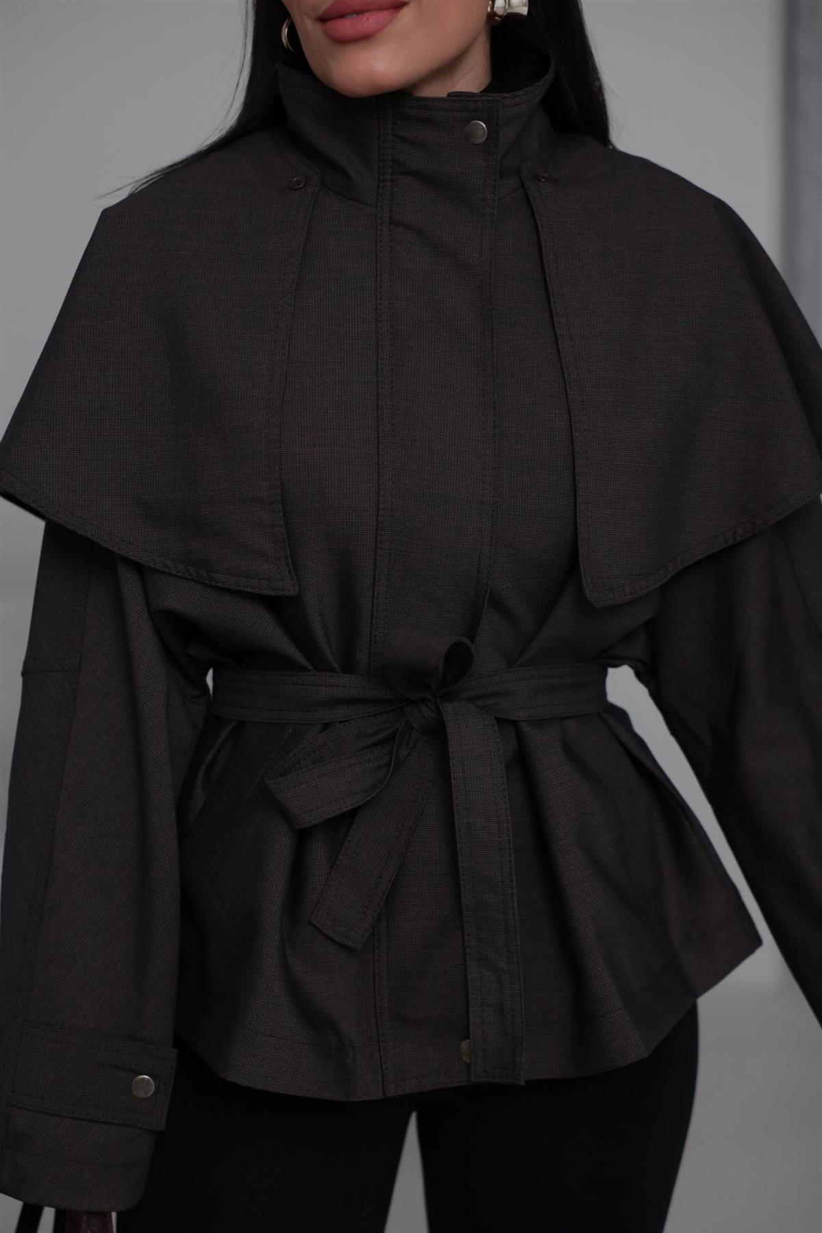 6954 Pelerinli Kuşaklı Fermuarlı Ceket ACI KAHVE