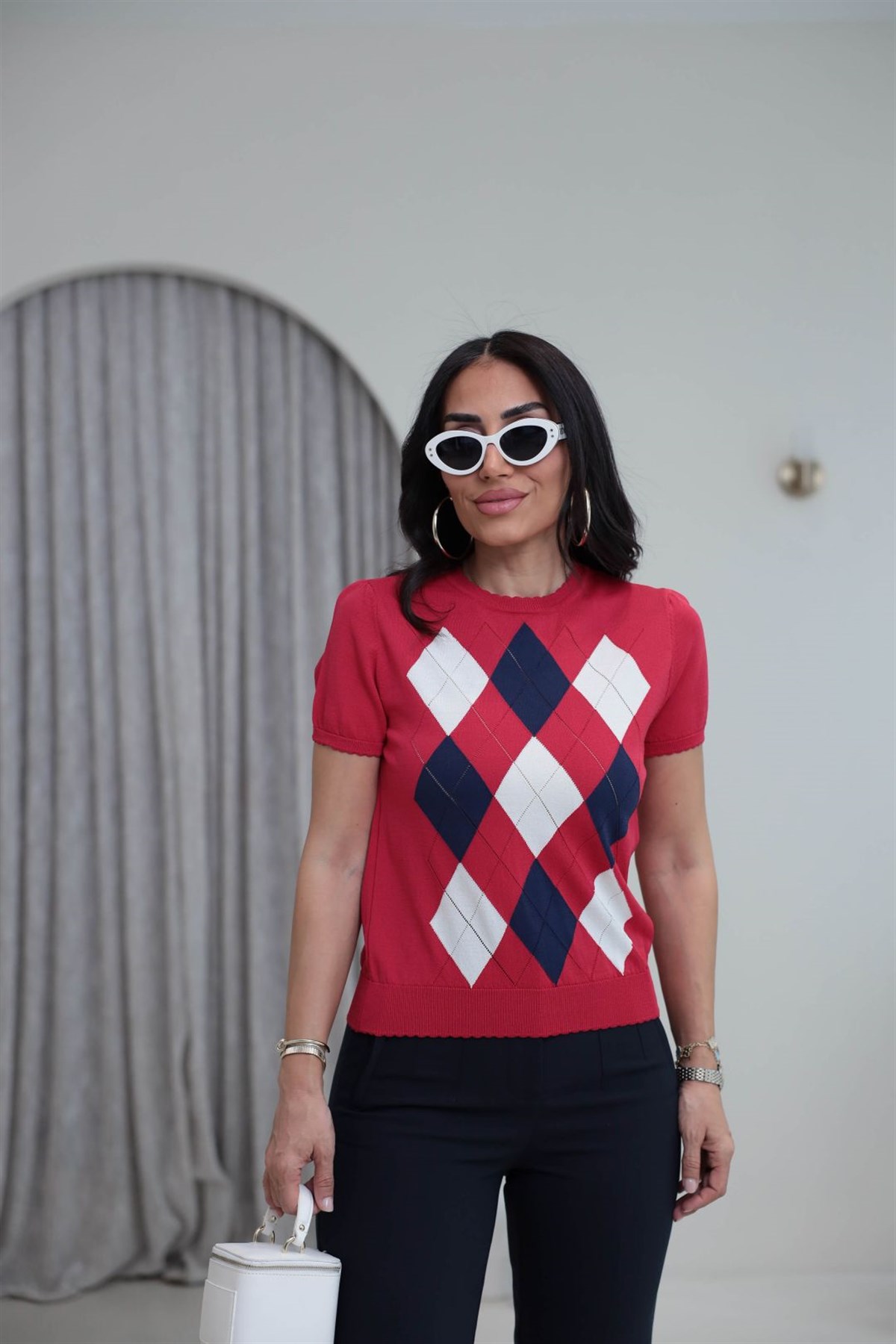 0617 Baklava Desenli Rayon Triko Bluz KIRMIZI