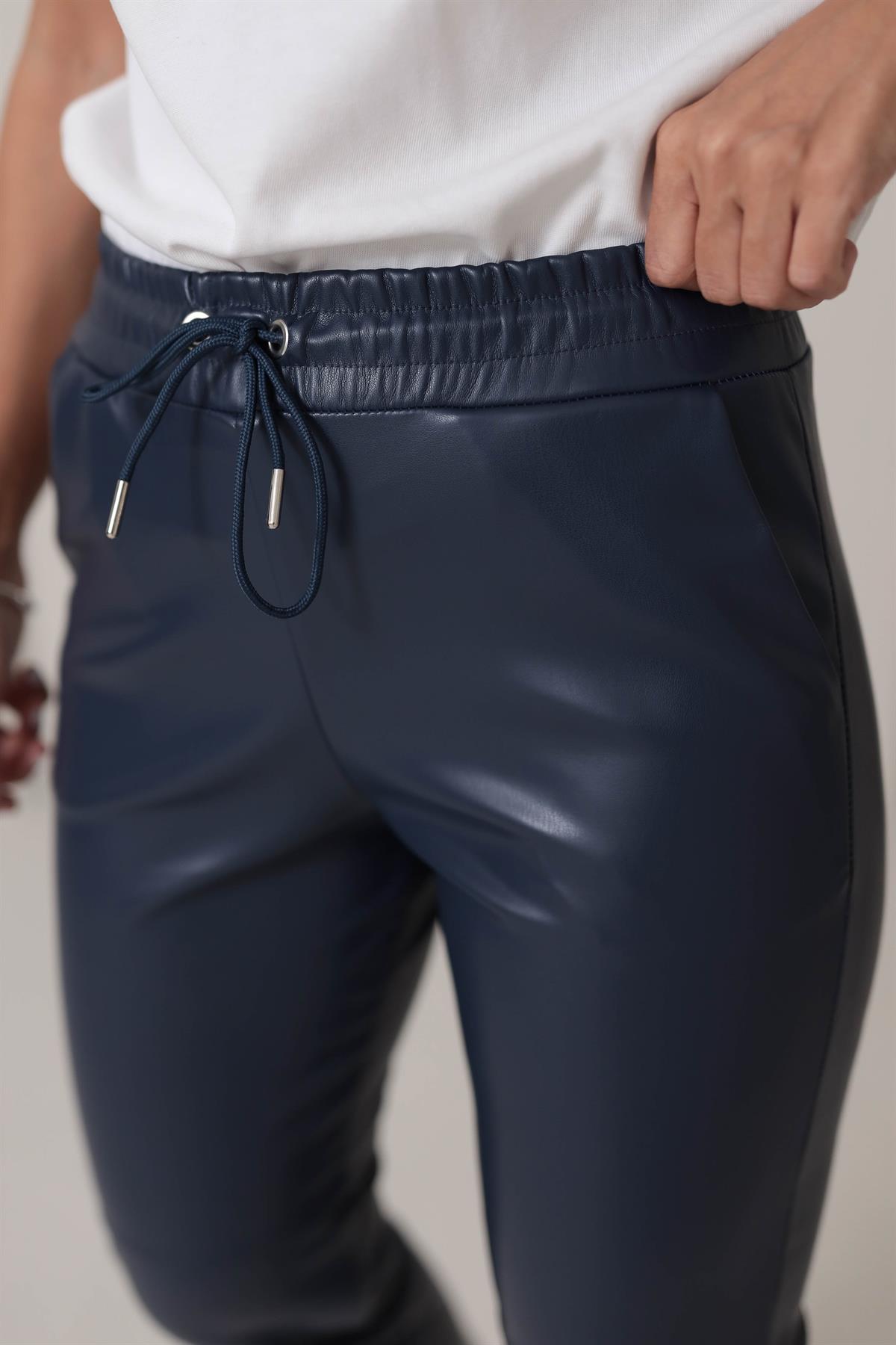 2022 Beli Lastikli Çimalı Deri Pantolon LACİVERT