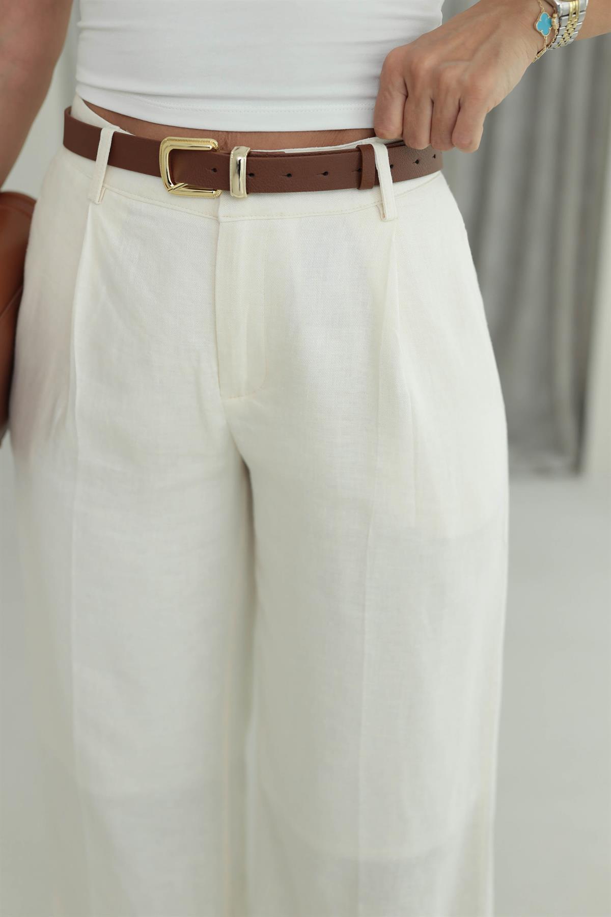 7214 Ham Keten Dökümlü Pantolon NATURAL