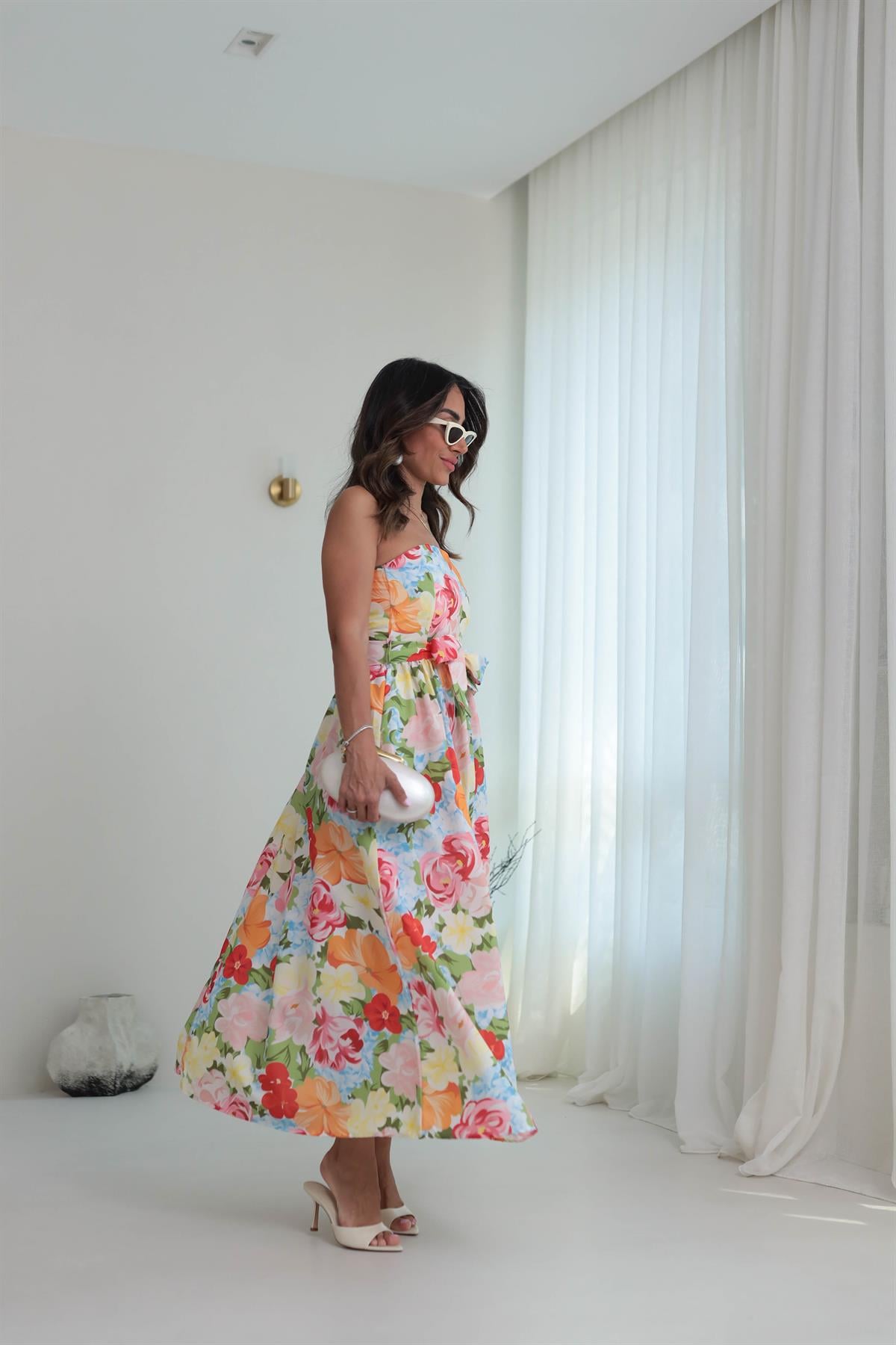 6213 Straplez Sırtı Gipeli Desenli Elbise KIRMIZI