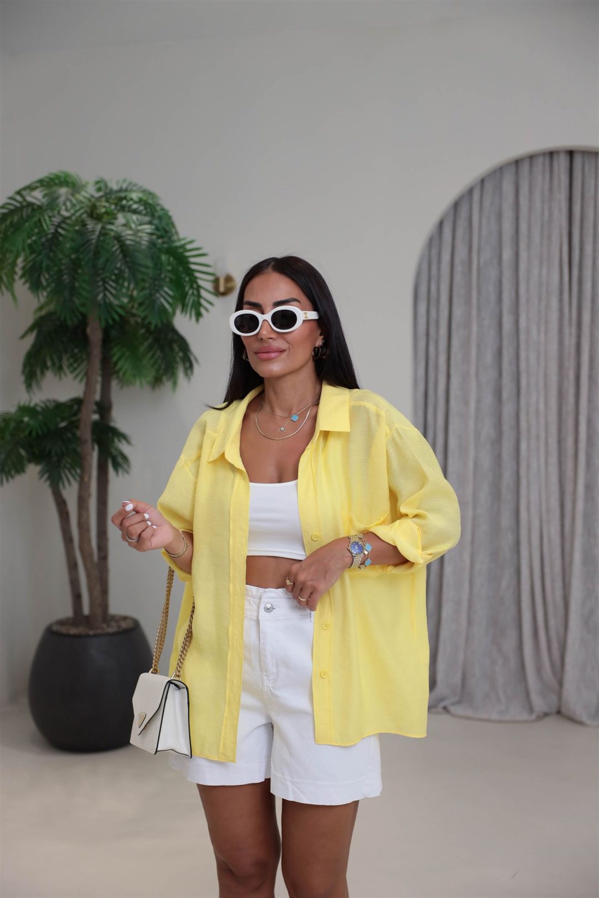 4612Y Tencel Omzu Düşük Oversize Gömlek Koyu Sarı