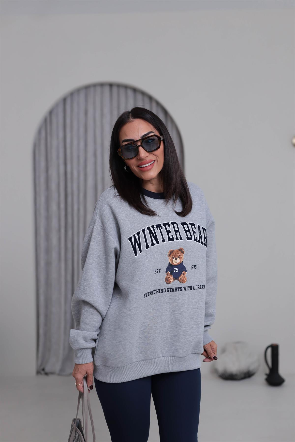 1082 Teddy Baskılı Şardonlu Sweatshirt GRİ MELANJ