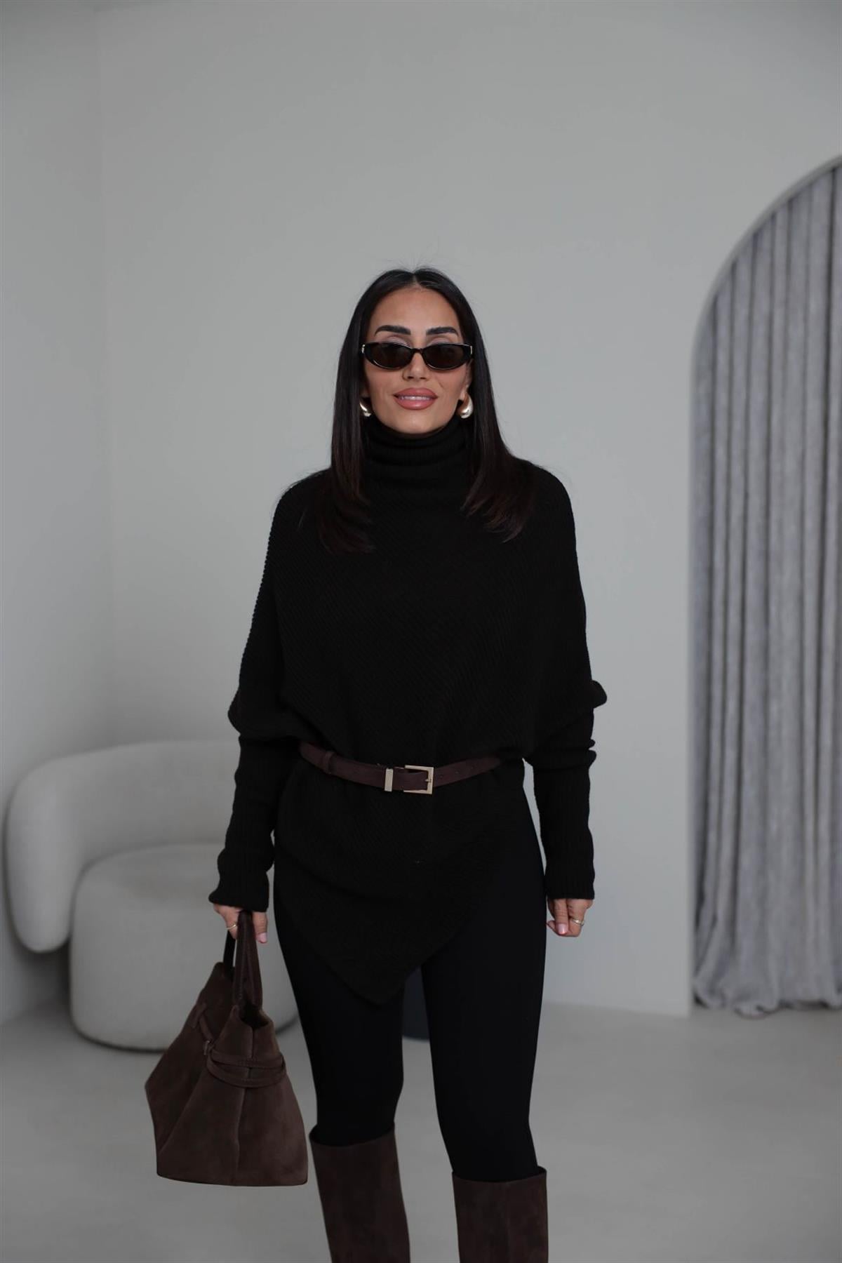 2574 Balıkçı Yaka Asimetrik Triko Kazak ACI KAHVE