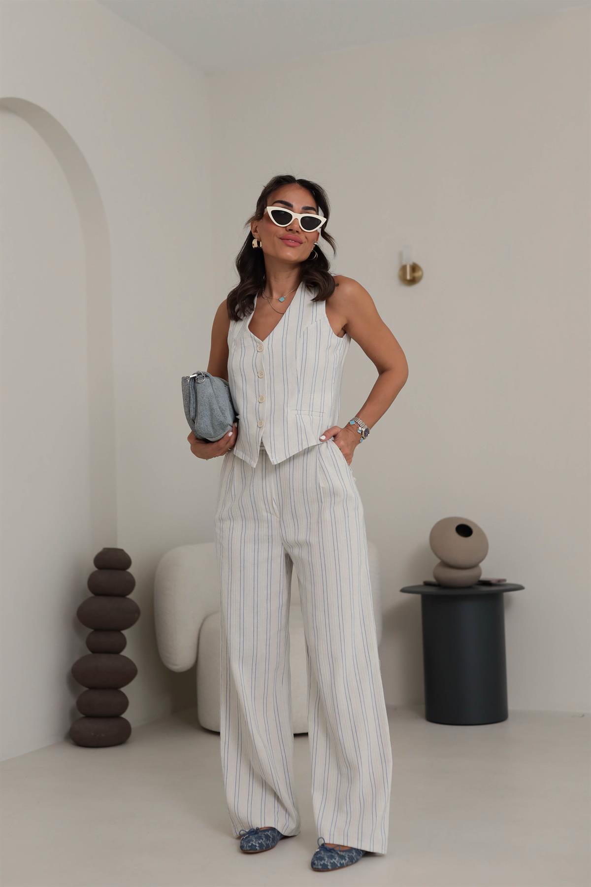 6159 Keten Kumaş Çizgili Yelek Takım EKRU