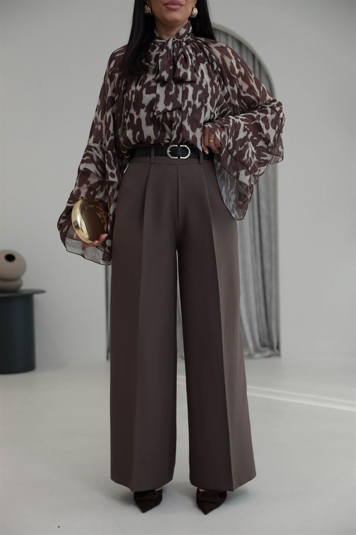 1266 Kemerli Palazzo Pantolon KAHVE