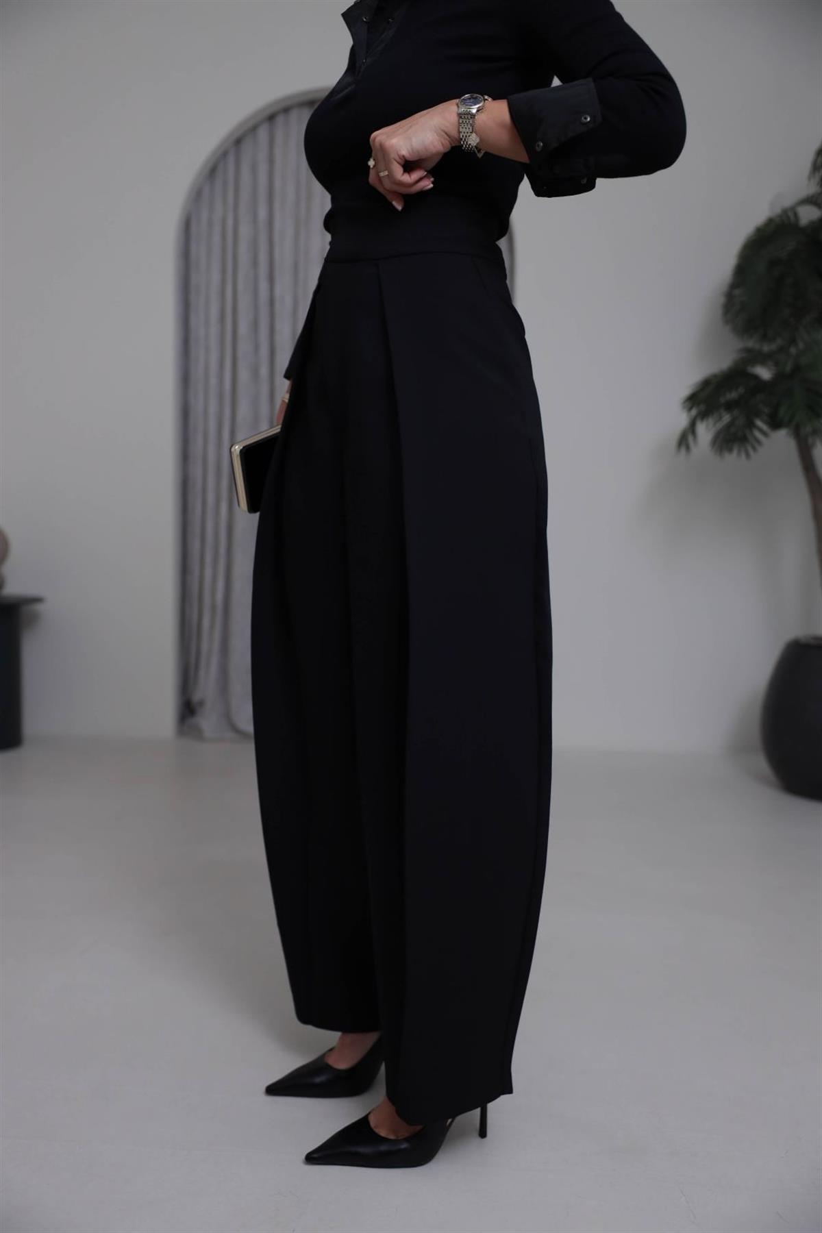 7358 Pileli Kumaş Pantolon SİYAH