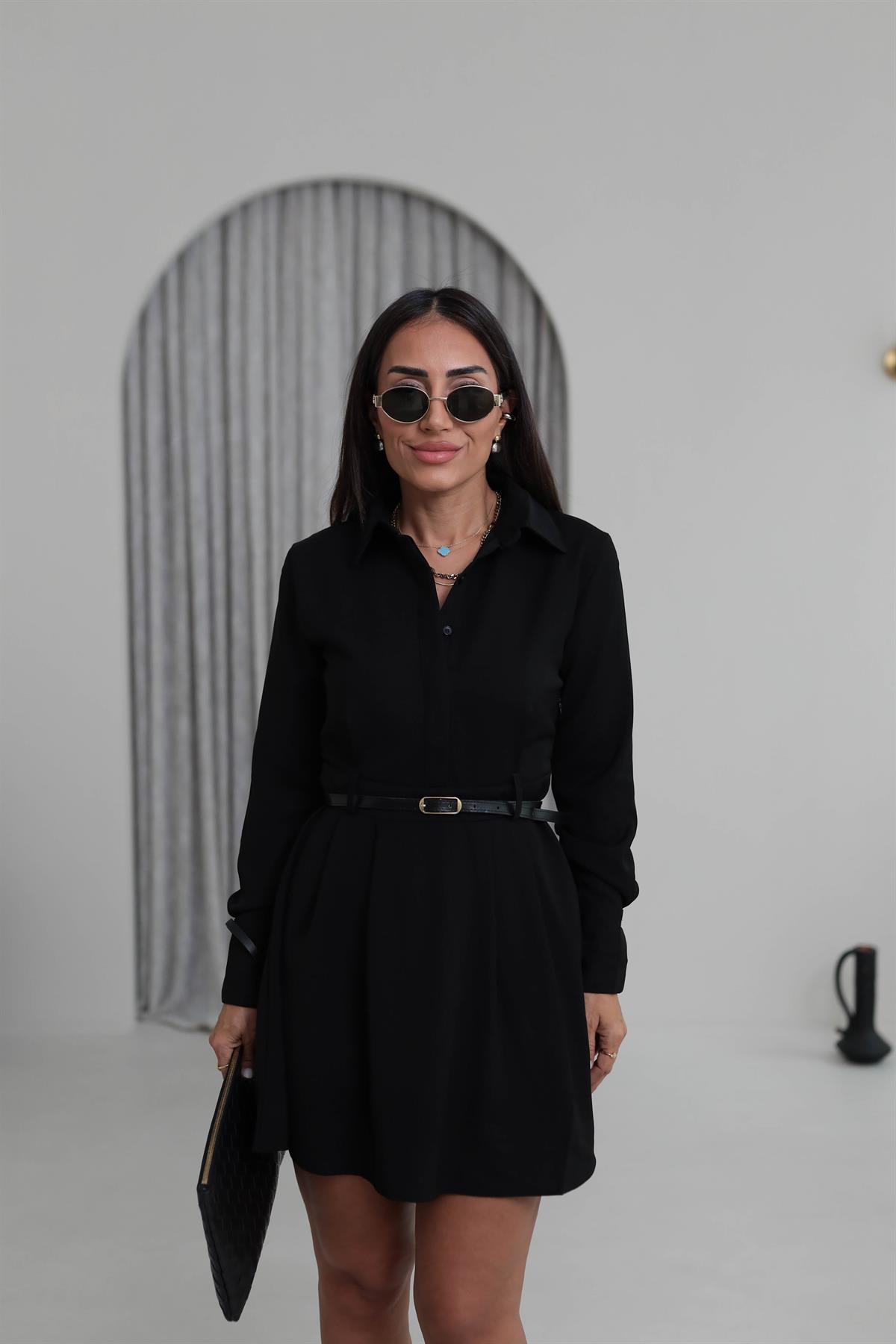 8171 Pensli Kemerli Gömlek Elbise SİYAH