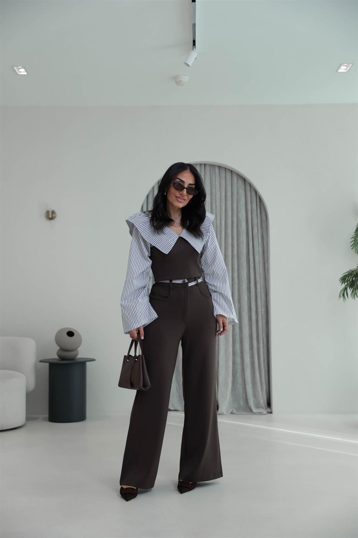 0675 Anime Poplin Yaka Modal Kumaş Takım ACI KAHVE