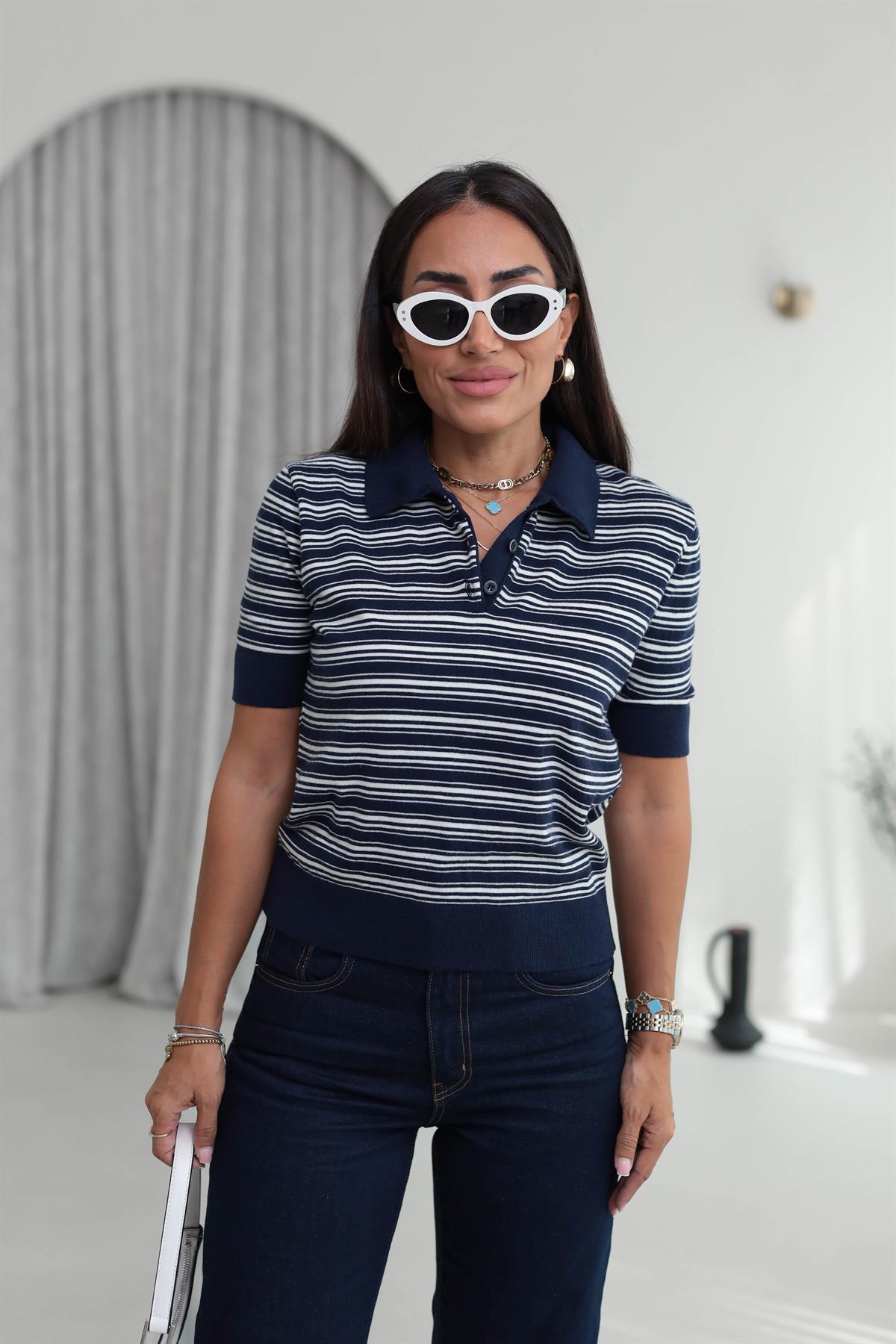 Polo Yaka Çizgili Kısa Kol Korsman Triko LACİVERT