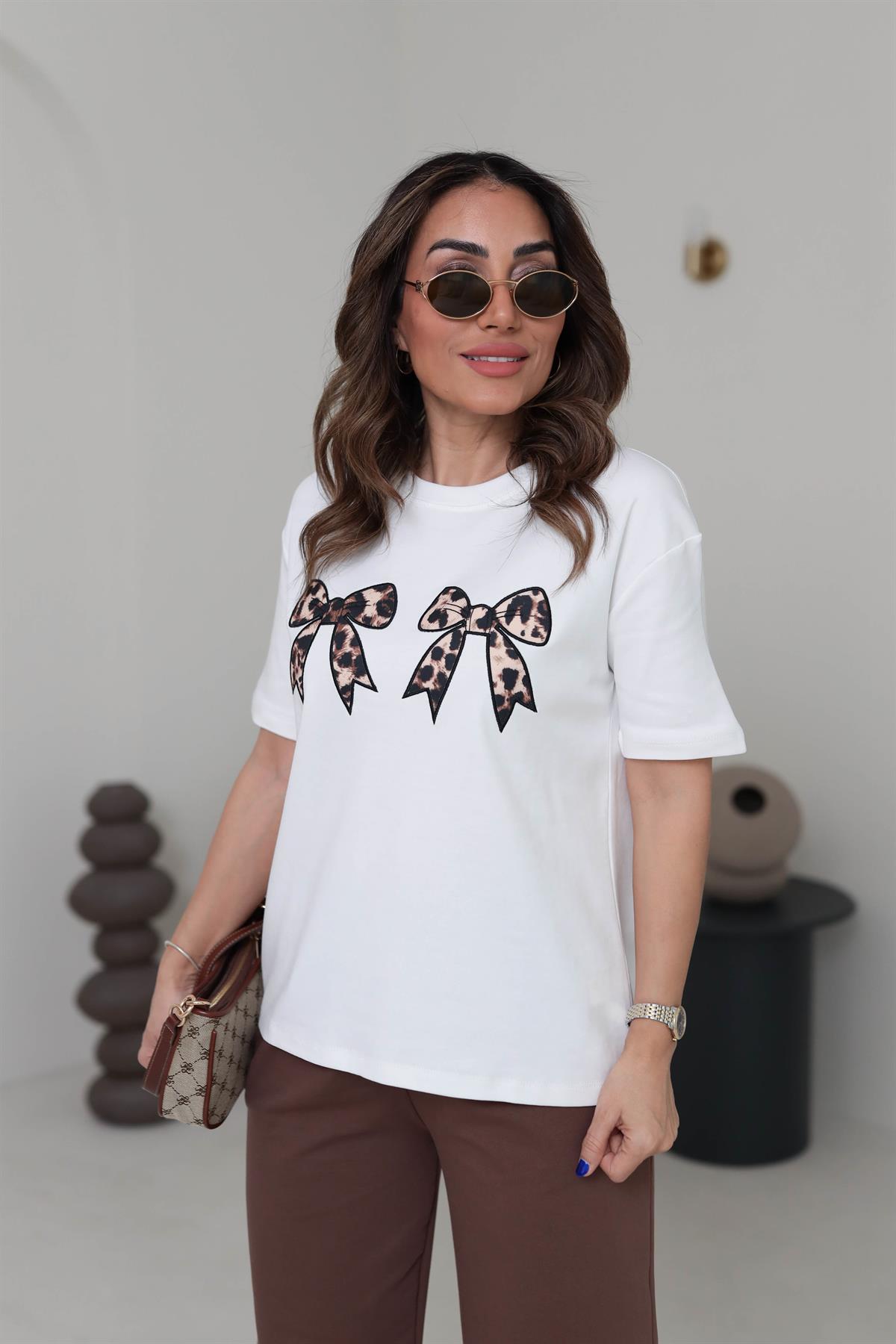 3197 Leopar Kurdele detaylı Tshirt EKRU