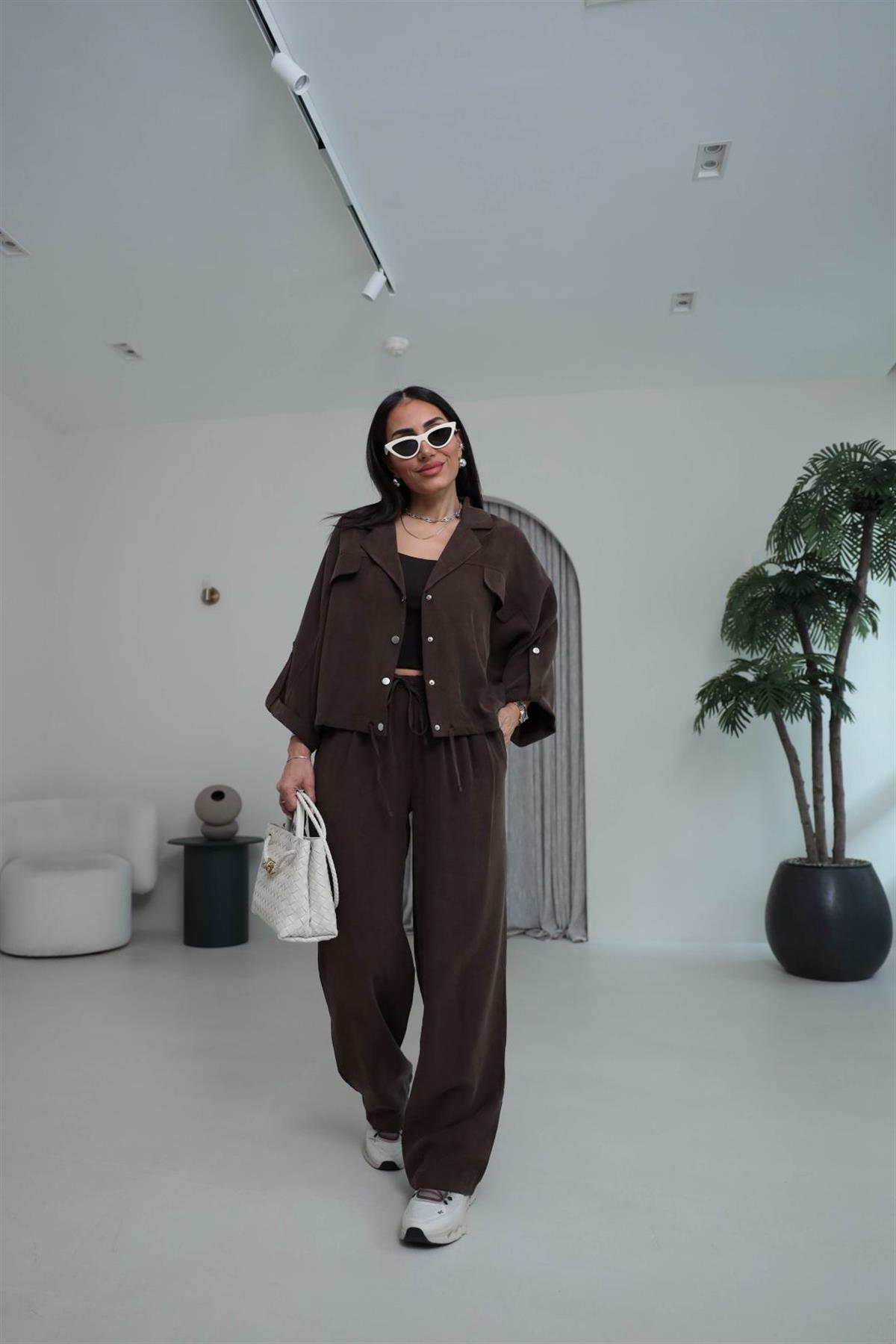 T0666 Tasarım Gabardin Tencel Takım KAHVE