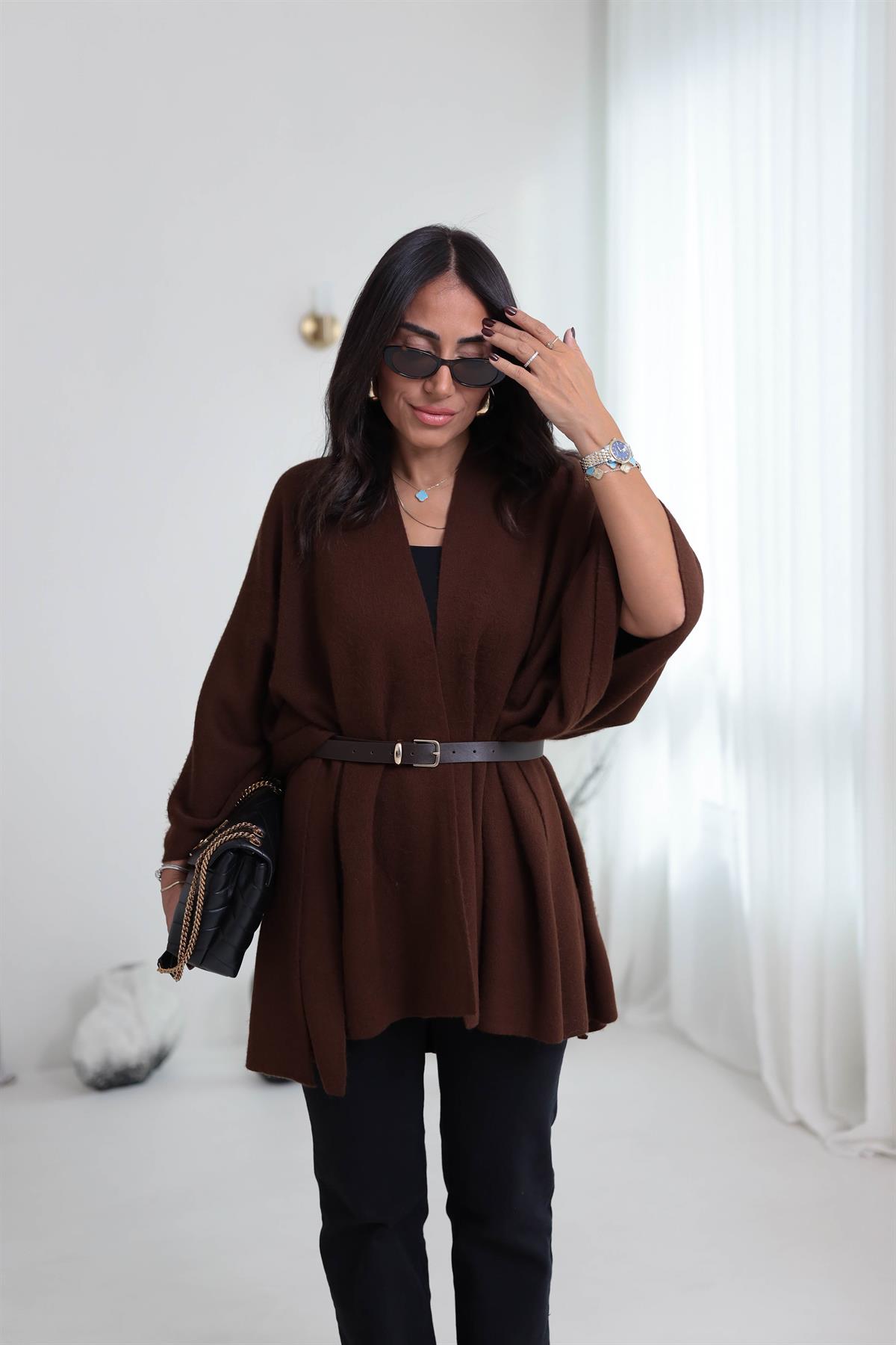 6840 Kemerli Triko Panço Şal KAHVE