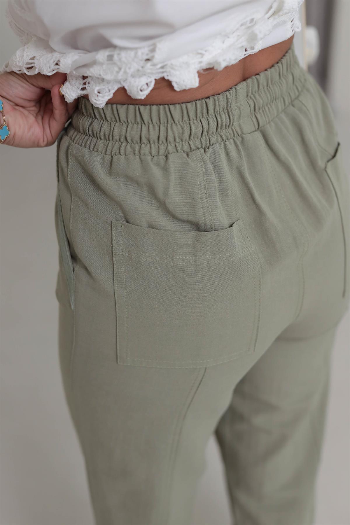 3875Y Balıksırtı Detay Yüksek Bel Pantolon HAKİ YEŞİL