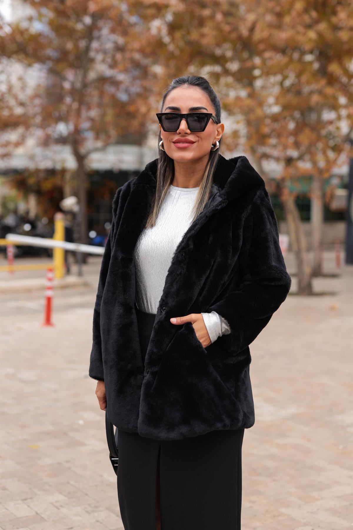 Kapşonlu Uzun Suni Kürk SİYAH