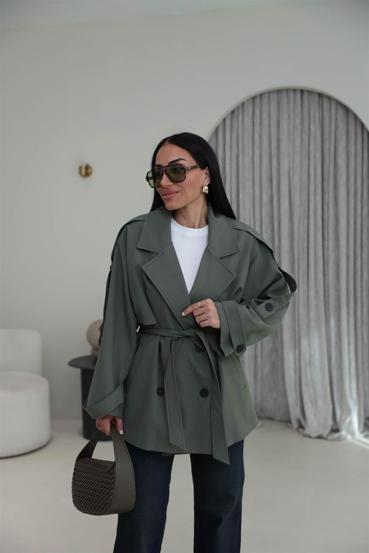 Apoletli Tasarım Astarlı Premium Kısa Trençkot HAKİ YEŞİL