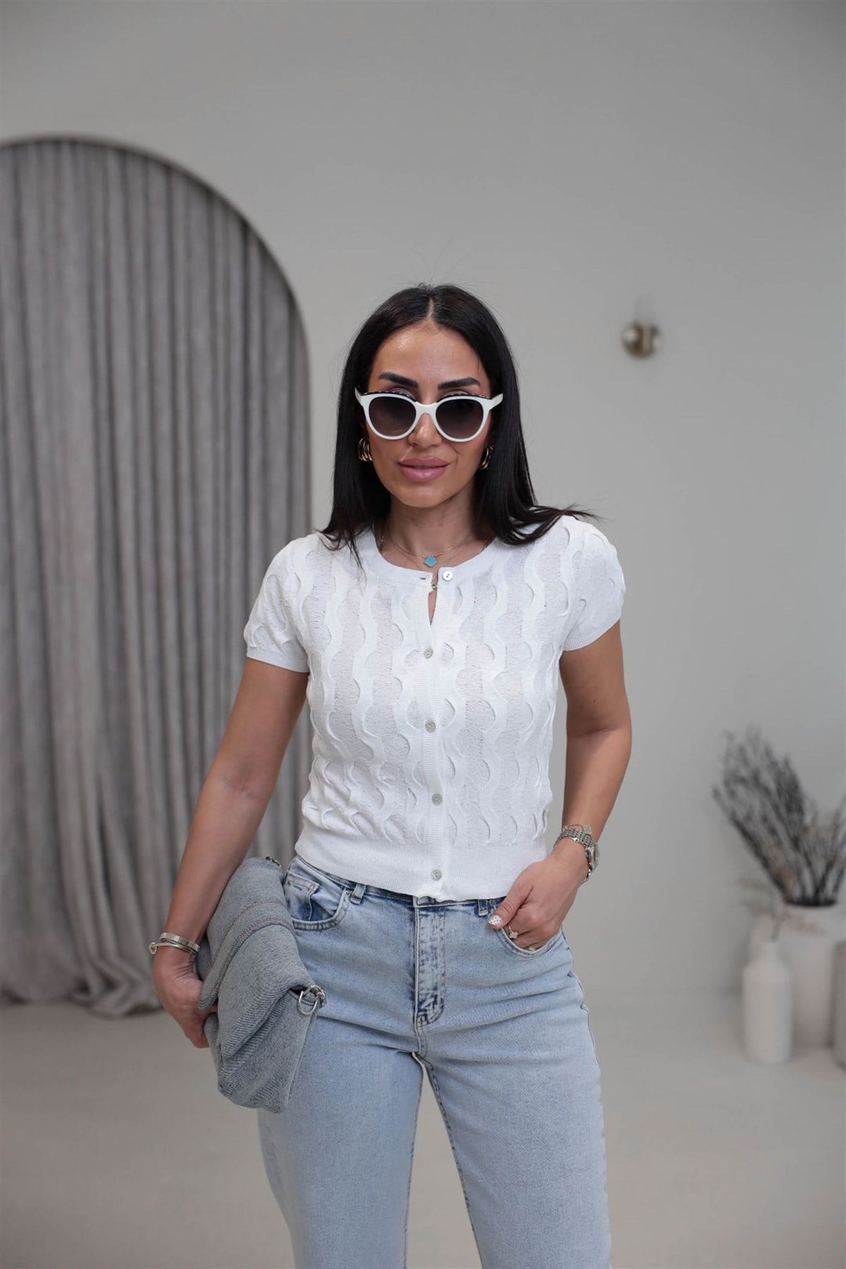 0980 Bisiklet Yaka Dokulu Düğmeli Triko EKRU