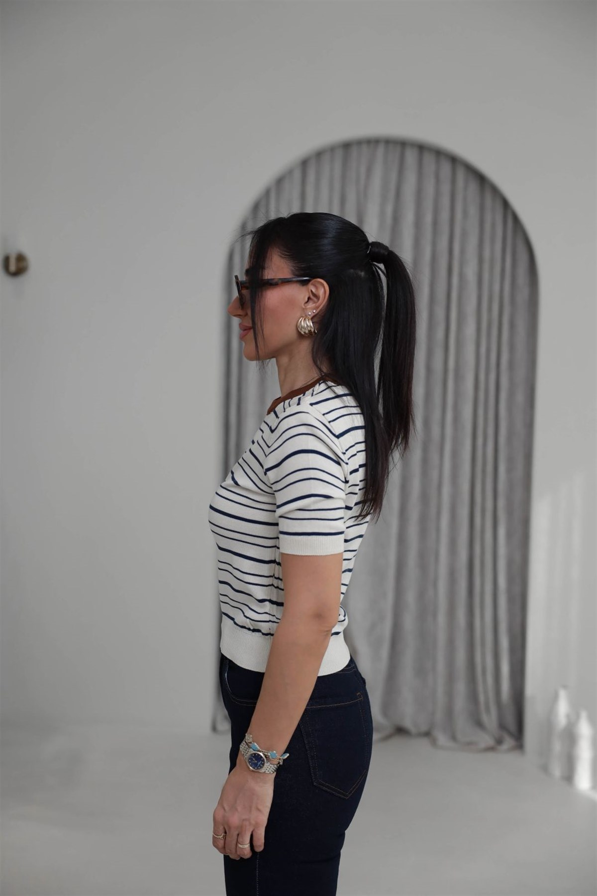 1763 Kısa Kol Çizgili Triko Bluz KREM