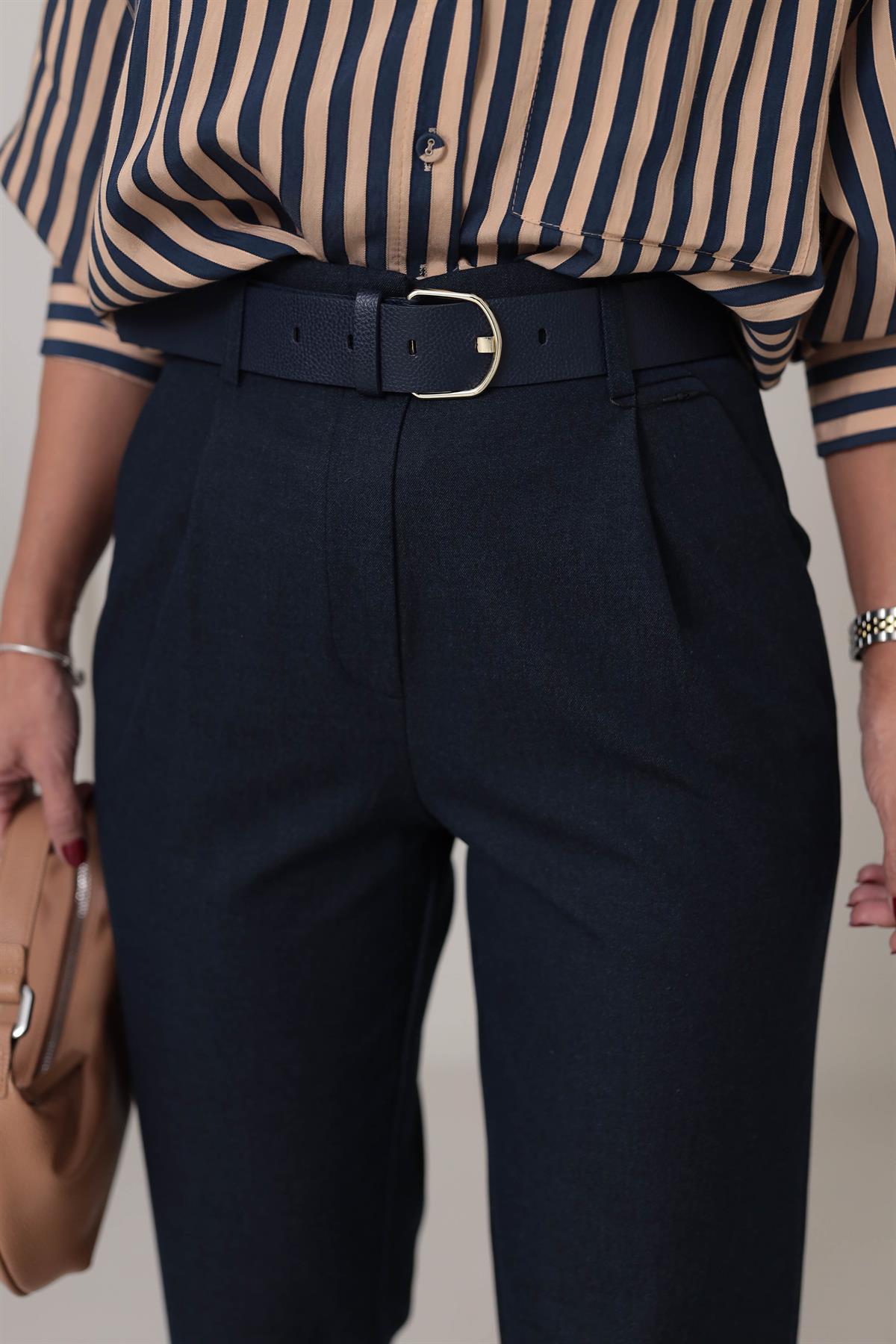 1570 Kemerli Dokuma Havuç Pantolon LACİVERT