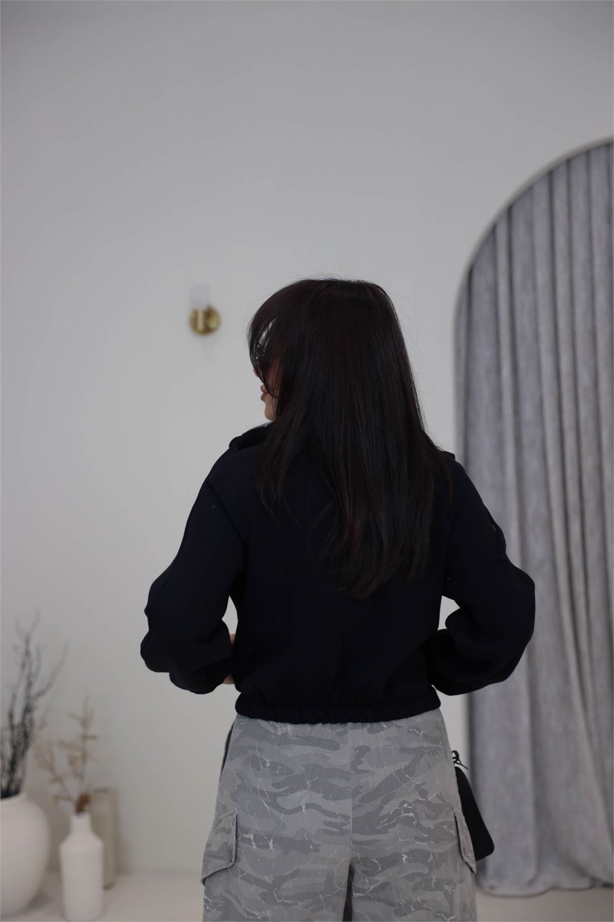 2421 Dik Yaka Fermuarlı Reglan Kol 3 İplik Sweatshirt SİYAH