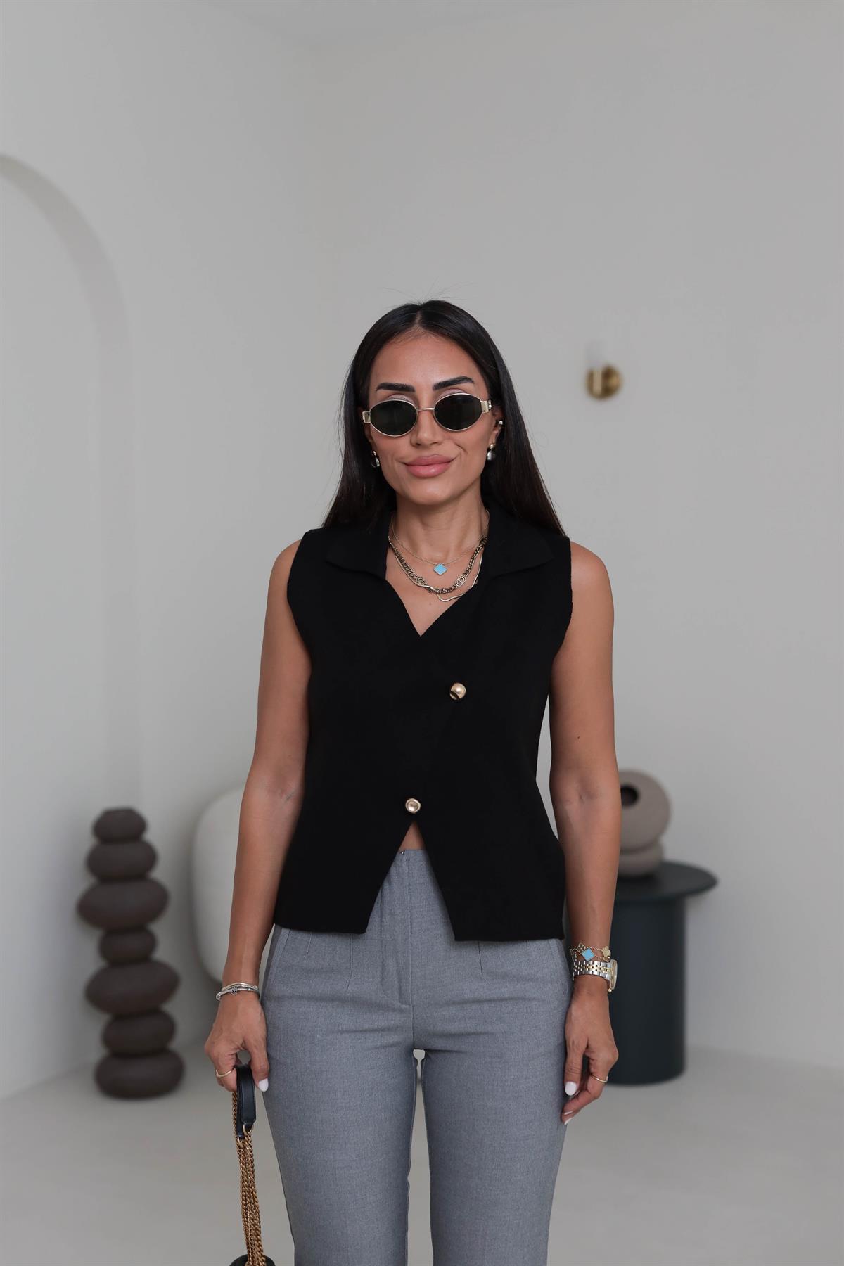 0070 Polo Yaka Çapraz Triko Yelek SİYAH