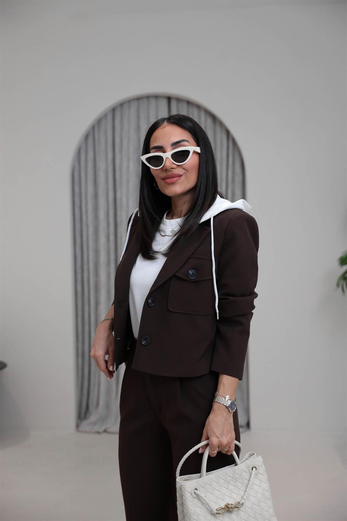 5904 Çıkarılabilir Kapşonlu Ceket Pantolon Takım KAHVE