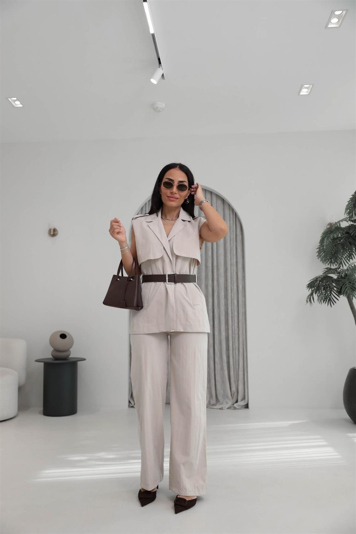 0719 Kemerli Tencel Kumaş Pantolon Yelek Takım BEJ