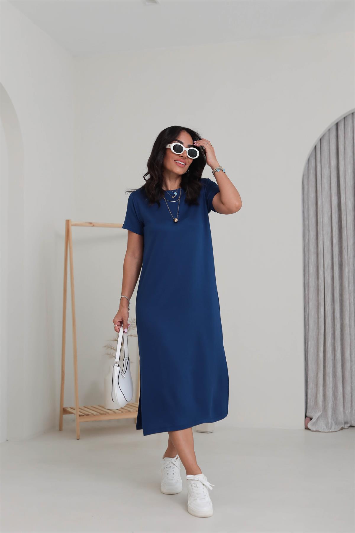 4512 Kısa Kollu Yırtmaçlı Elbise LACİVERT