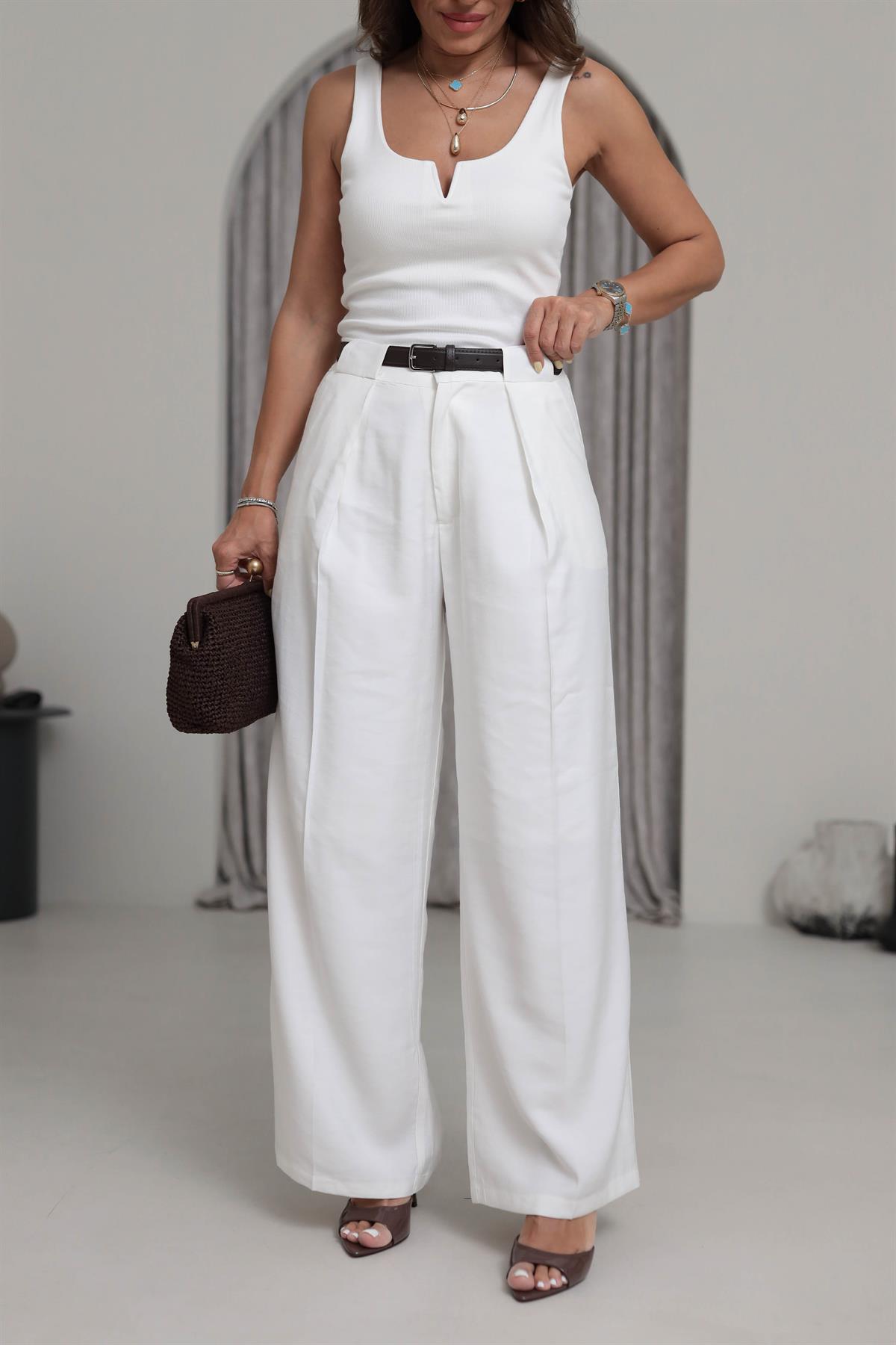 7255 Kemerli Astarlı Palazzo Pantolon EKRU