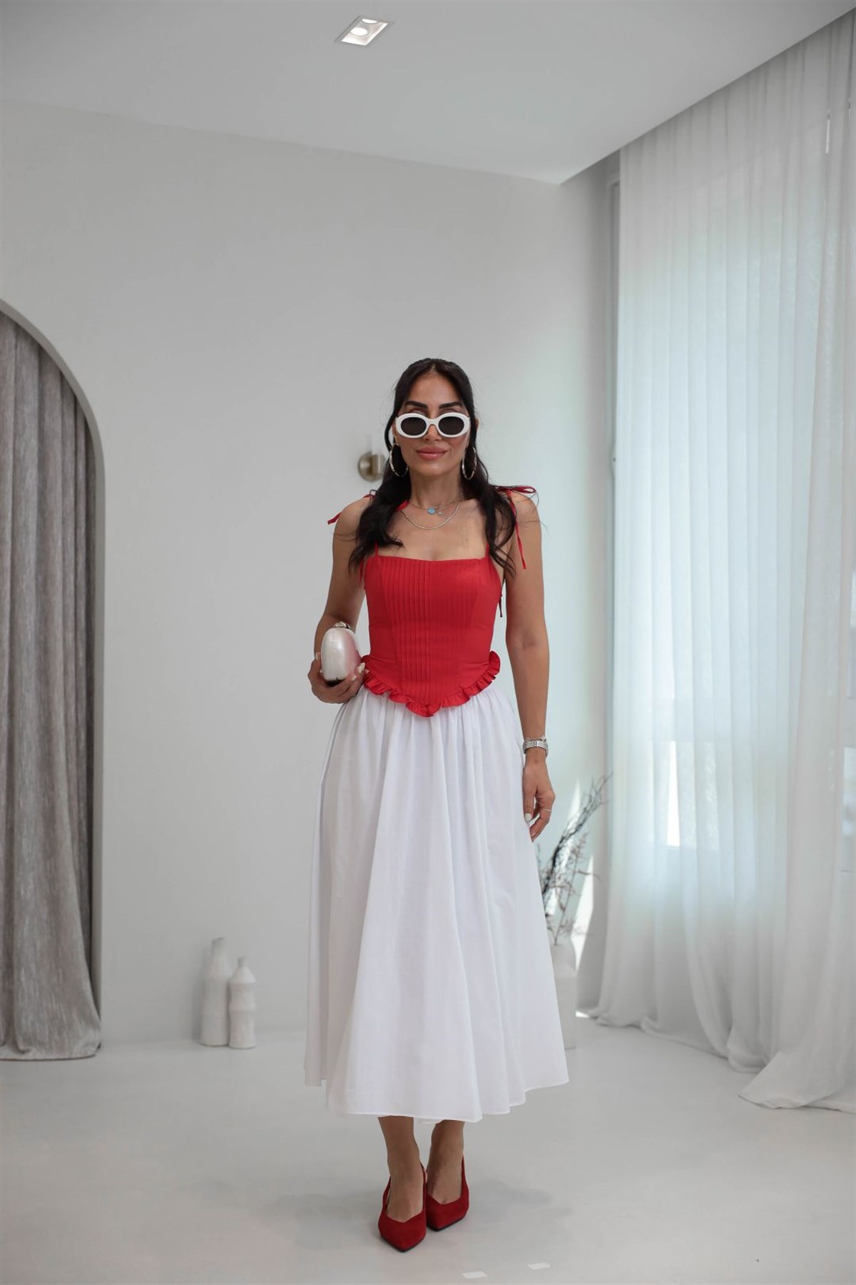 9254 Astarlı Poplin Pamuklu Kloş Etek BEYAZ