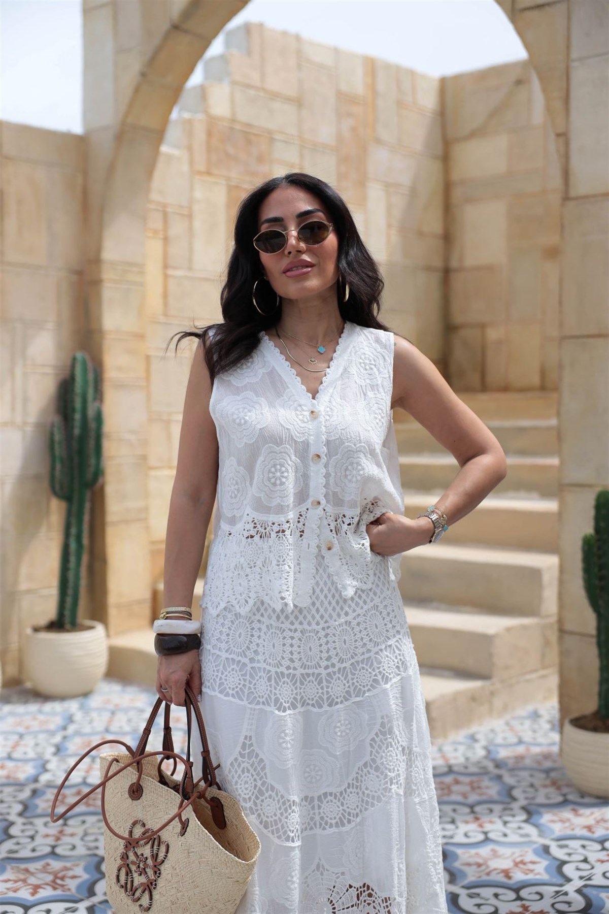 8402 Dantel Garnili İşleme Detaylı İthal Yelek BEYAZ